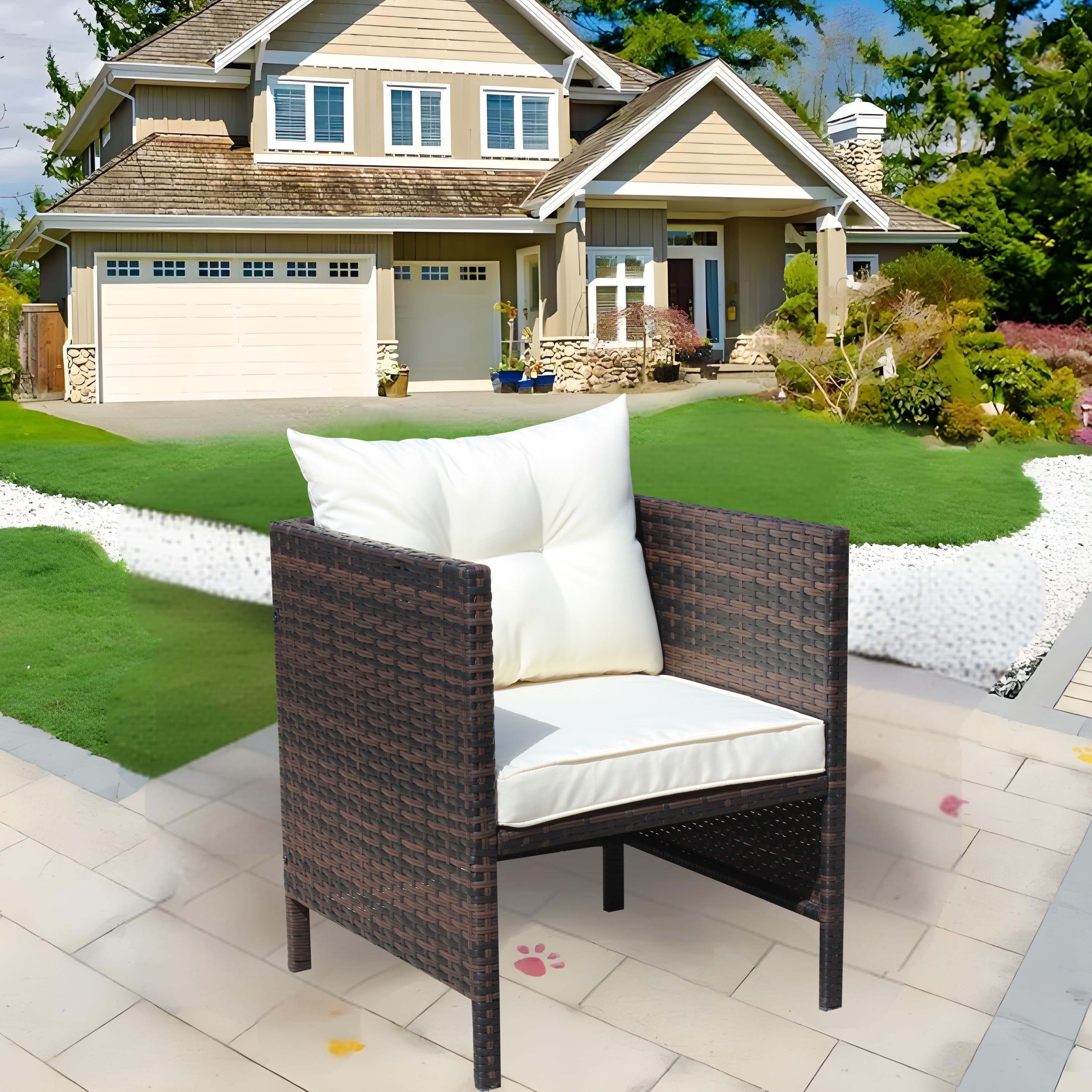 Outdoor Patio Chair, Brown Wicker Beige Cushion