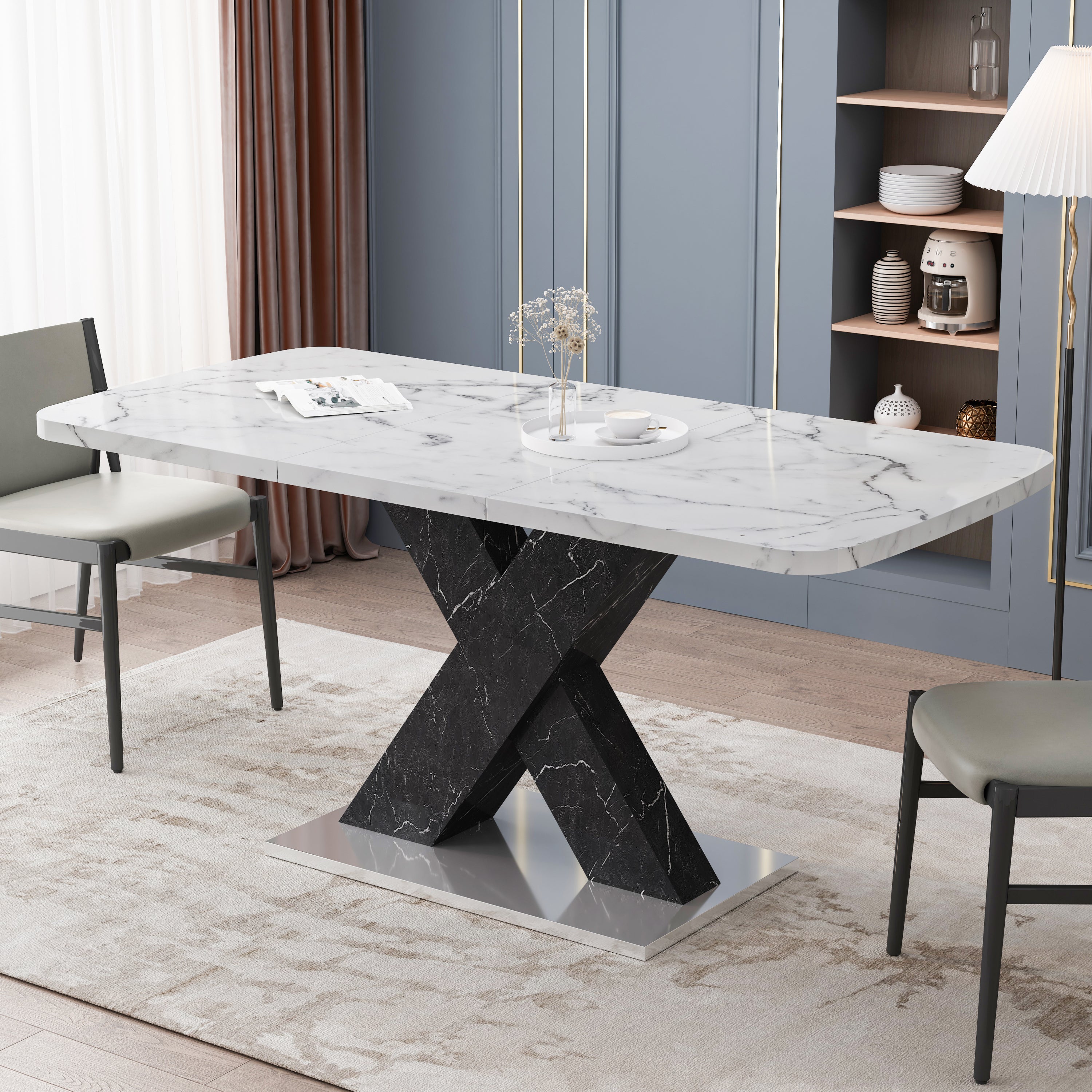 🆓🚛 Modern Square Dining Table, Stretchable, Faux Marble Table Top Black X-Shape Table Leg With Metal Base