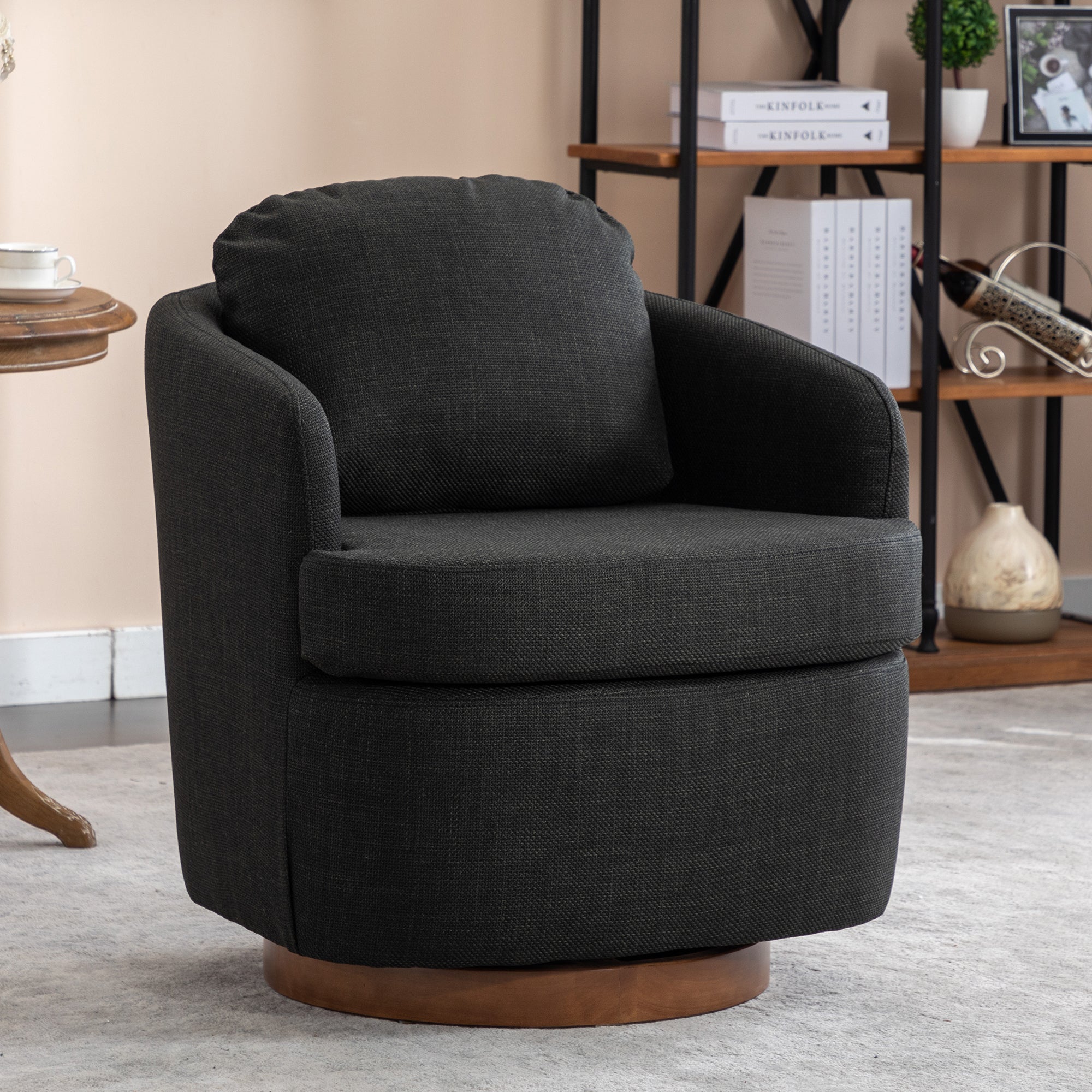 🆓🚛 Linen Fabric Swivel Accent Chair With Solid Wood Round Brown Base Leg, Dark Gray