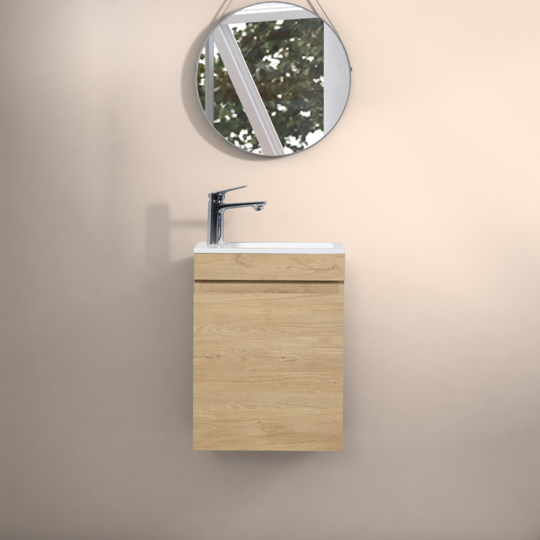 16" Floating Bathroom Vanity With Sink, Wall-Mounted Small Bathroom Storage Vanity Cabinet With Resin Top Basin and Soft Close Doors, Natural Oak 24V11-16No