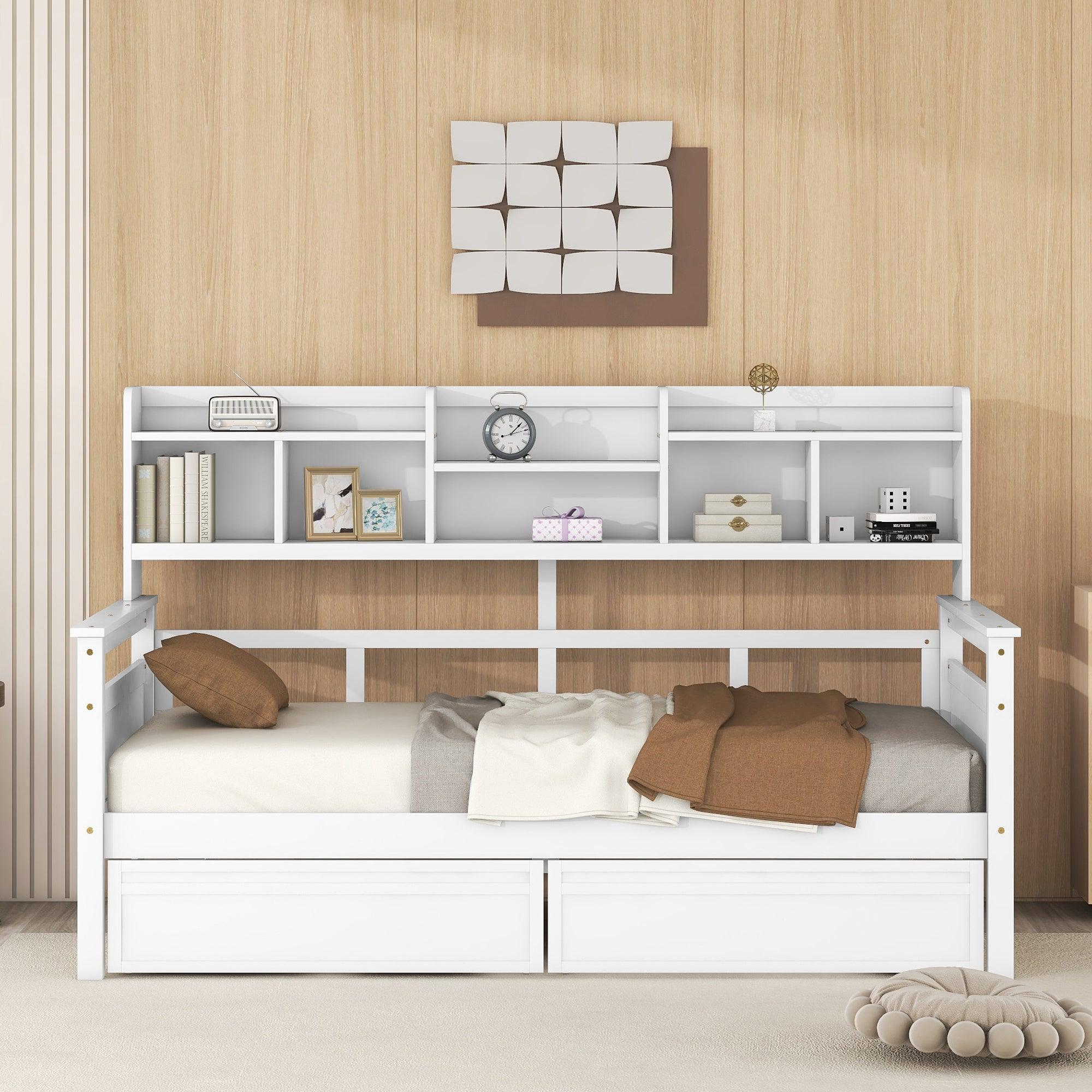 🆓🚛 Twin Size Daybed, Wood Slat Support, With Bedside Shelves & Two Drawers, White