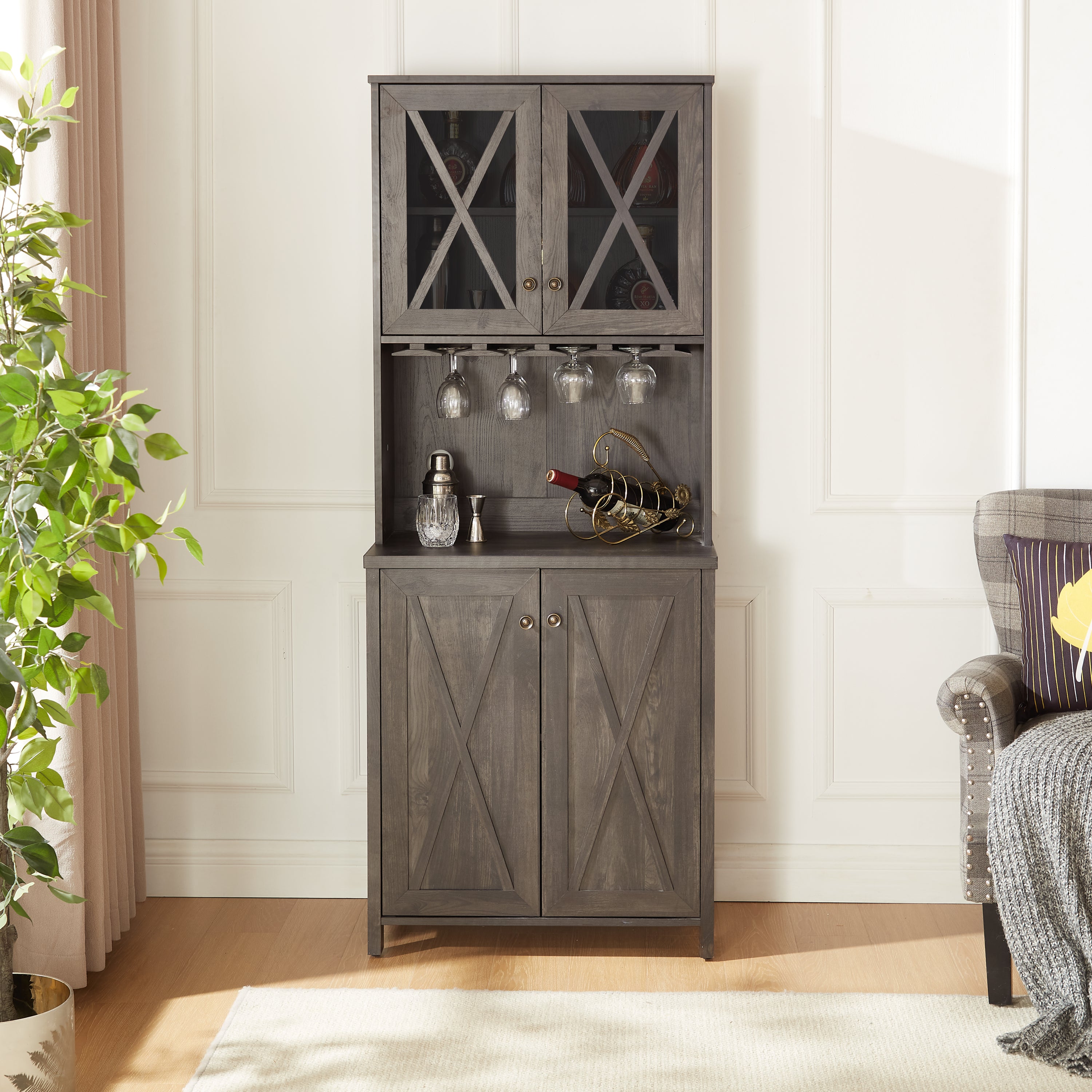 🆓🚛 Farmhouse Bar Cabinet for Liquor and Glasses, Dining Room Kitchen Cabinet With Wine Rack, Sideboards Buffets Bar Cabinet L26.89''*W15.87''*H67.3'' Charcoal Gray