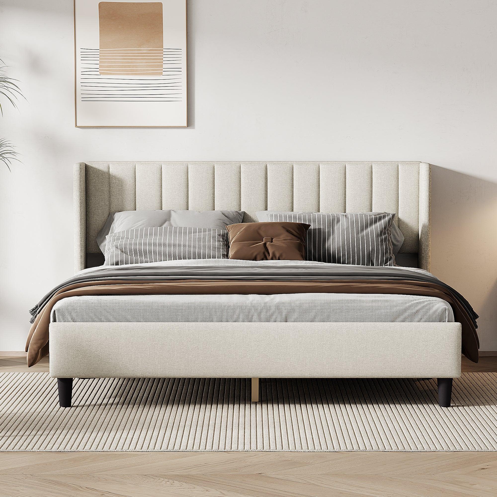 🆓🚛 King Size Upholstered Platform Bed Frame With Headboard, Mattress Foundation, Wood Slat Support, Cream