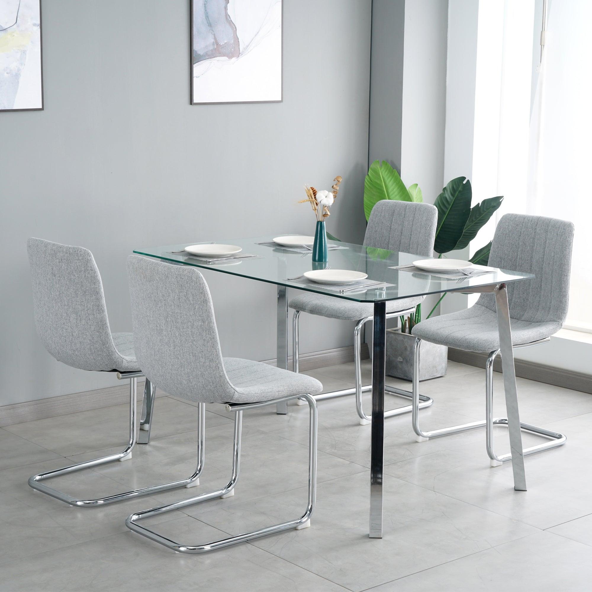 🆓🚛 Table & Chair Set, 1 Table & 4 Chairs, Clear Tempered Glass Table Top, 0.3 Feet Thick, Silver Metal Legs Bow Chair With Electroplated Metal Legs