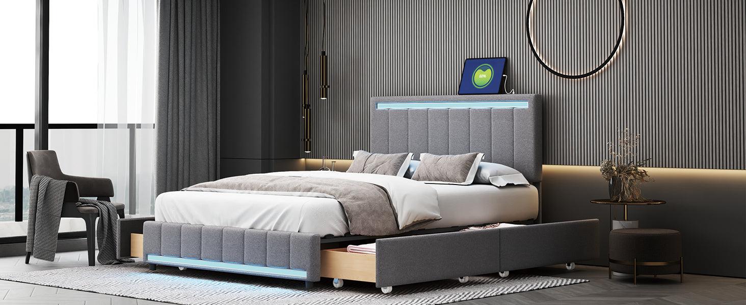 Full Size Upholstered Bed with LED Light and 4 Drawers,  Modern Platform Bed with a set of Sockets and USB Ports, Linen Fabric, Gray