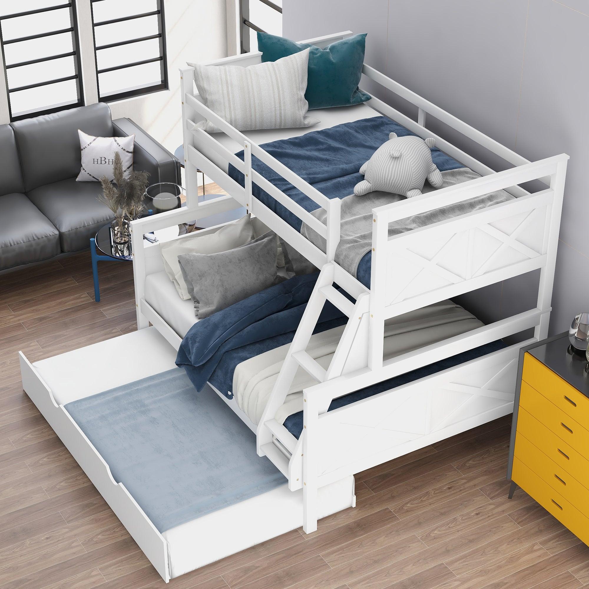 🆓🚛 Twin Over Full Bunk Bed With Ladder, Twin Size Trundle, Safety Guardrail, White