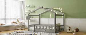 Full Size Wood Bed House Bed Frame with Fence, for Kids, Teens, Girls, Boys, Gray