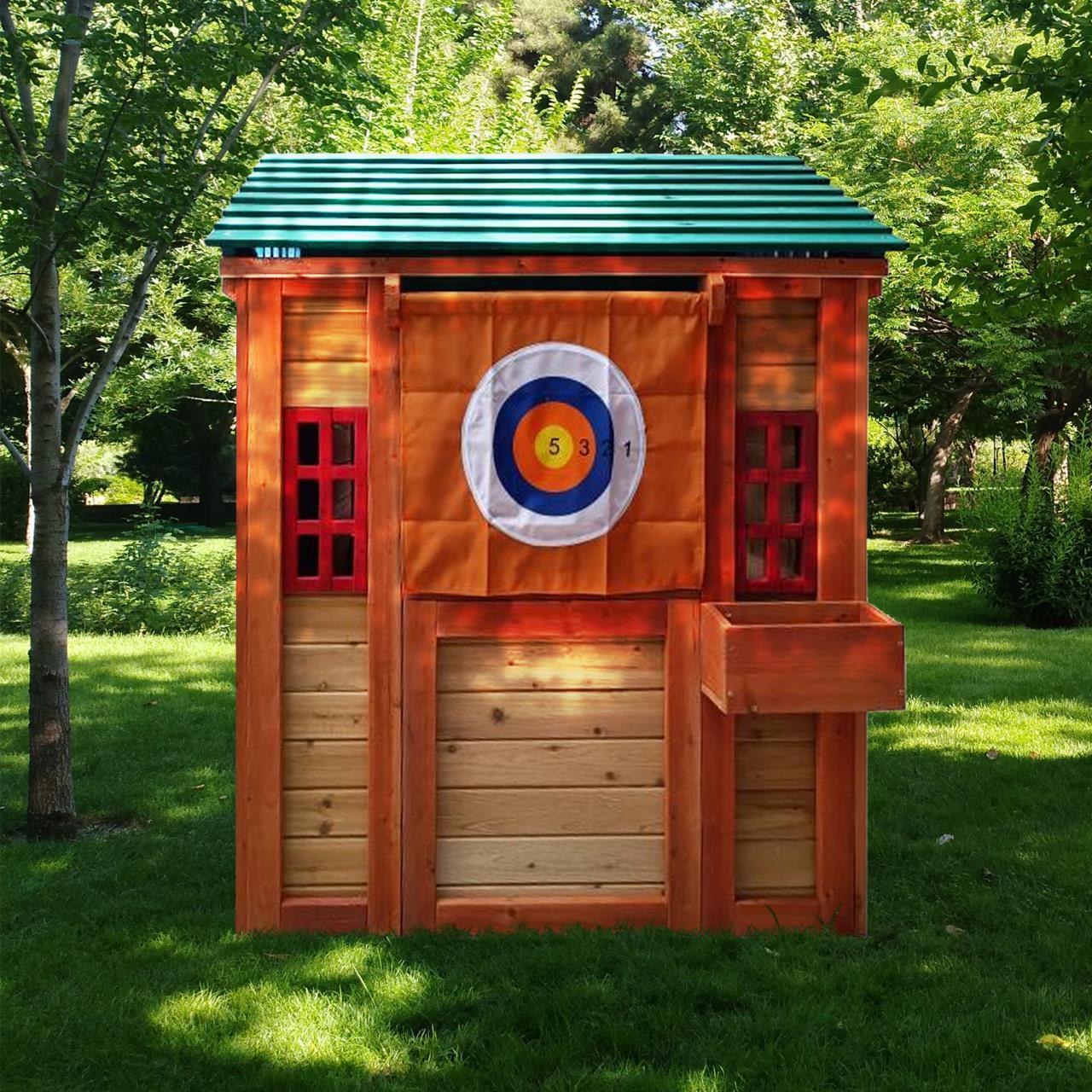 🆓🚛 Eco-Friendly Outdoor Wooden 4-In-1 Game House for Kids Garden Playhouse With Different Games On Every Surface, Solid Wood, 61.4"Lx45.98"Wx64.17"H, Red