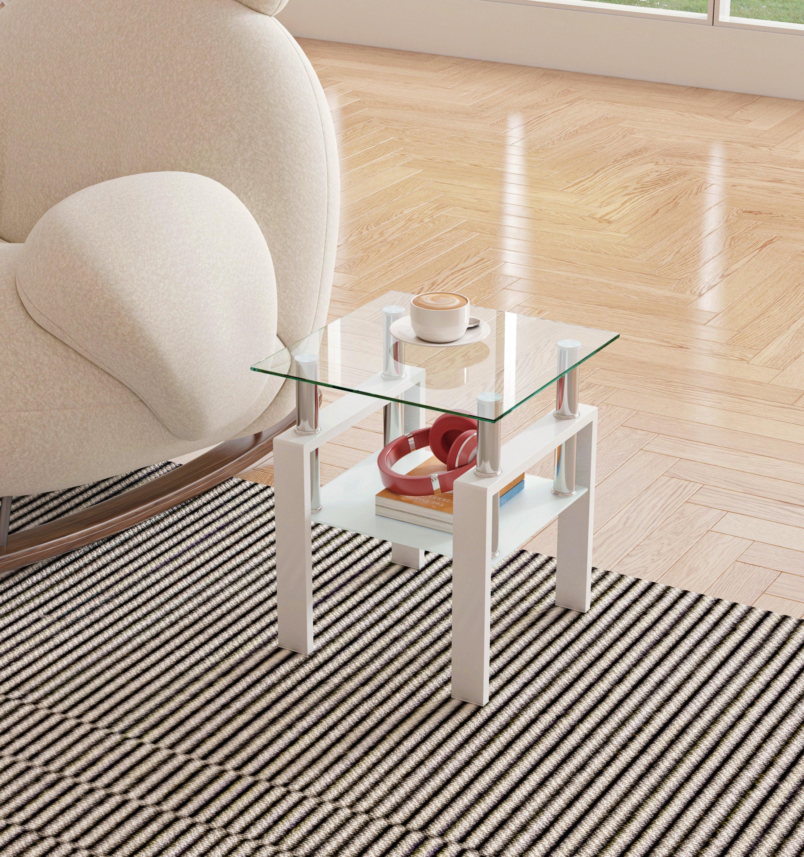 🆓🚛 1-Piece Modern Tempered Glass Tea Table Coffee Table End Table, Square Table for Living Room, Transparent/White