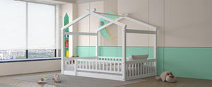 Full Size Wood Bed House Bed Frame with Fence, for Kids, Teens, Girls, Boys, White