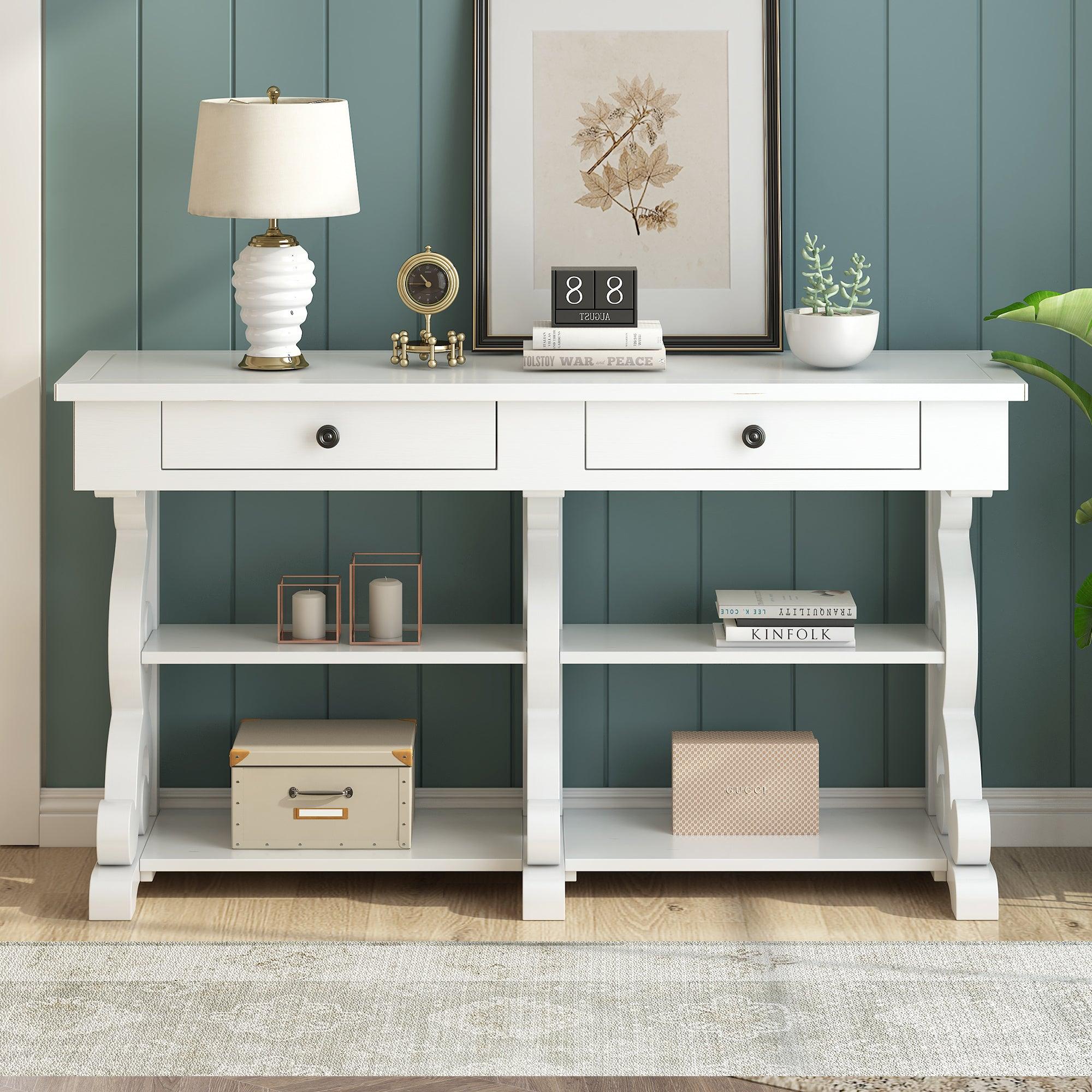 🆓🚛 Retro Console Table/Sideboard With Ample Storage, Open Shelves & Drawers for Entrance, Dinning Room, Living Room (Antique White)