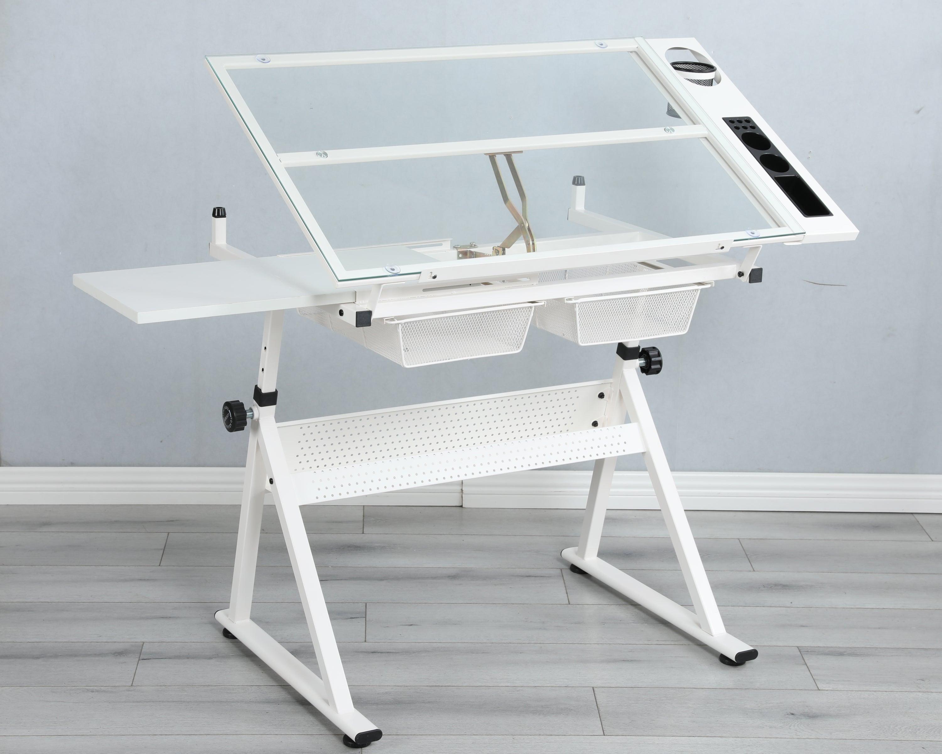 🆓🚛 White Adjustable Tempered Glass Drafting Printing Table With Chair