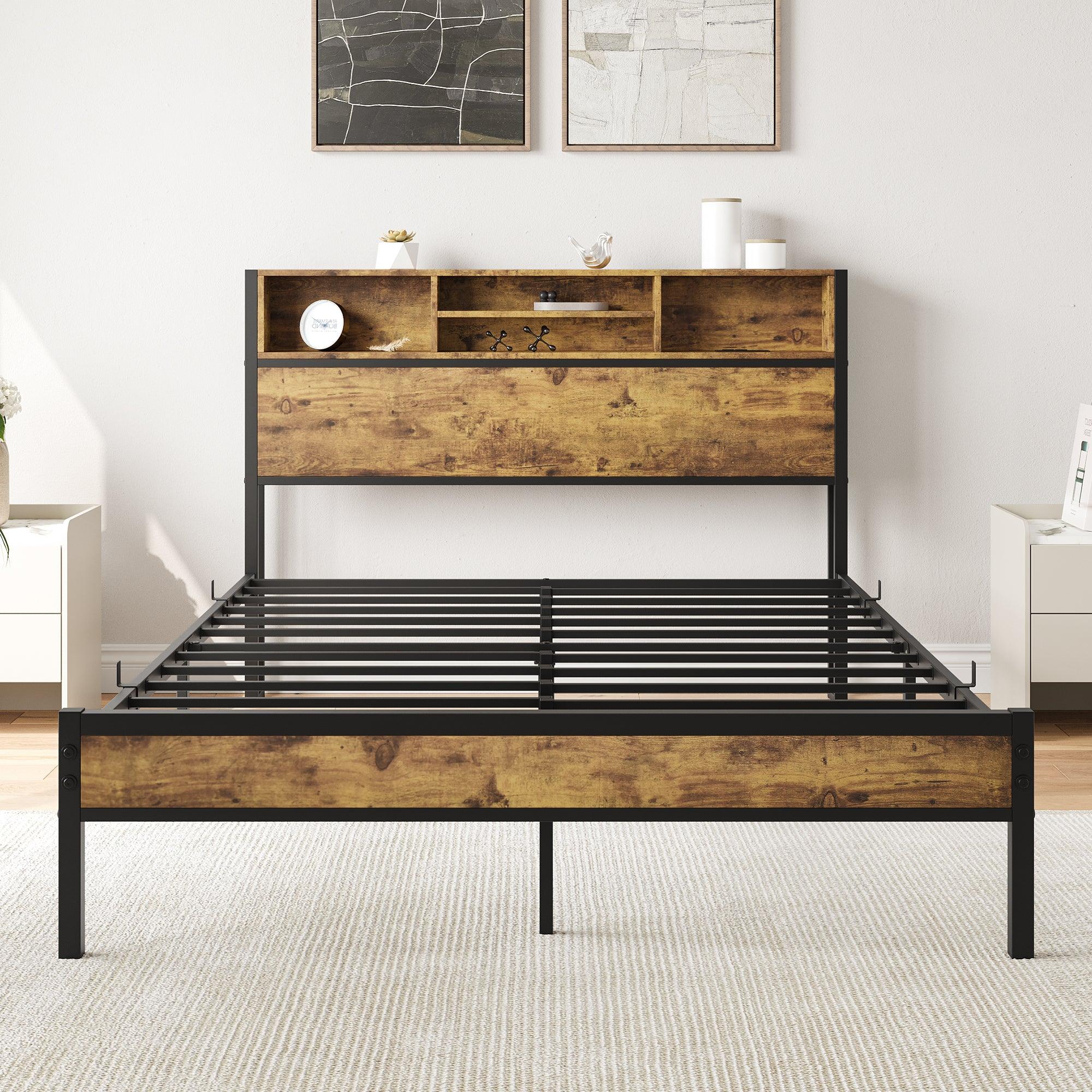 Full Size Bed Frame with Storage Headboard, Metal Platform Bed with Charging Station,  Bookcase Storage, No Box Spring Needed, Easy Assembly, Noise-Free, Black