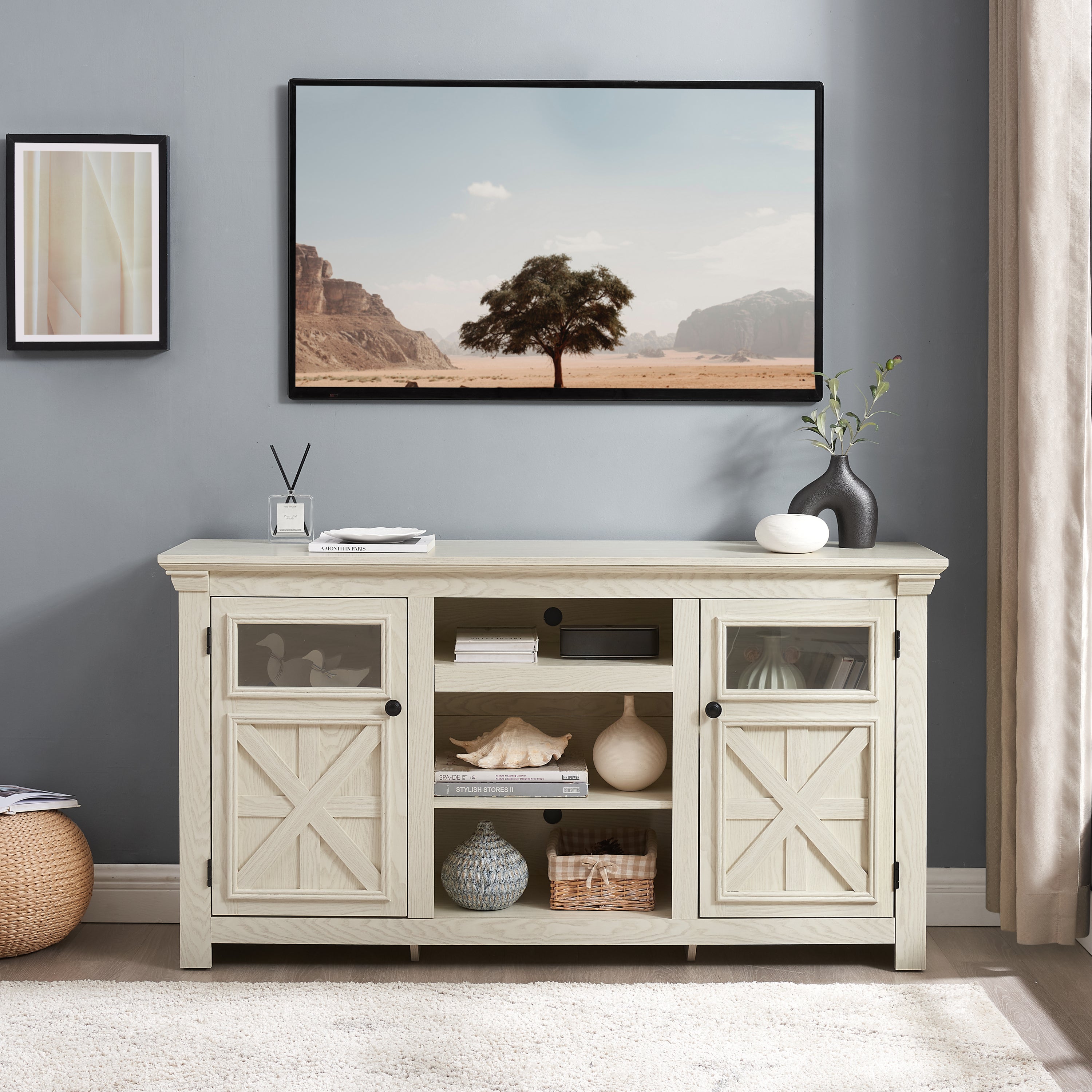 2 Doors Cabinet Farmhouse Cabinet, Farmhouse TV Stand Barn Design, Modern Farmhouse TV Media Stand, Large Barn Inspired Home Entertainment Console, White, 60.23"W*15.35"D*31.7"H