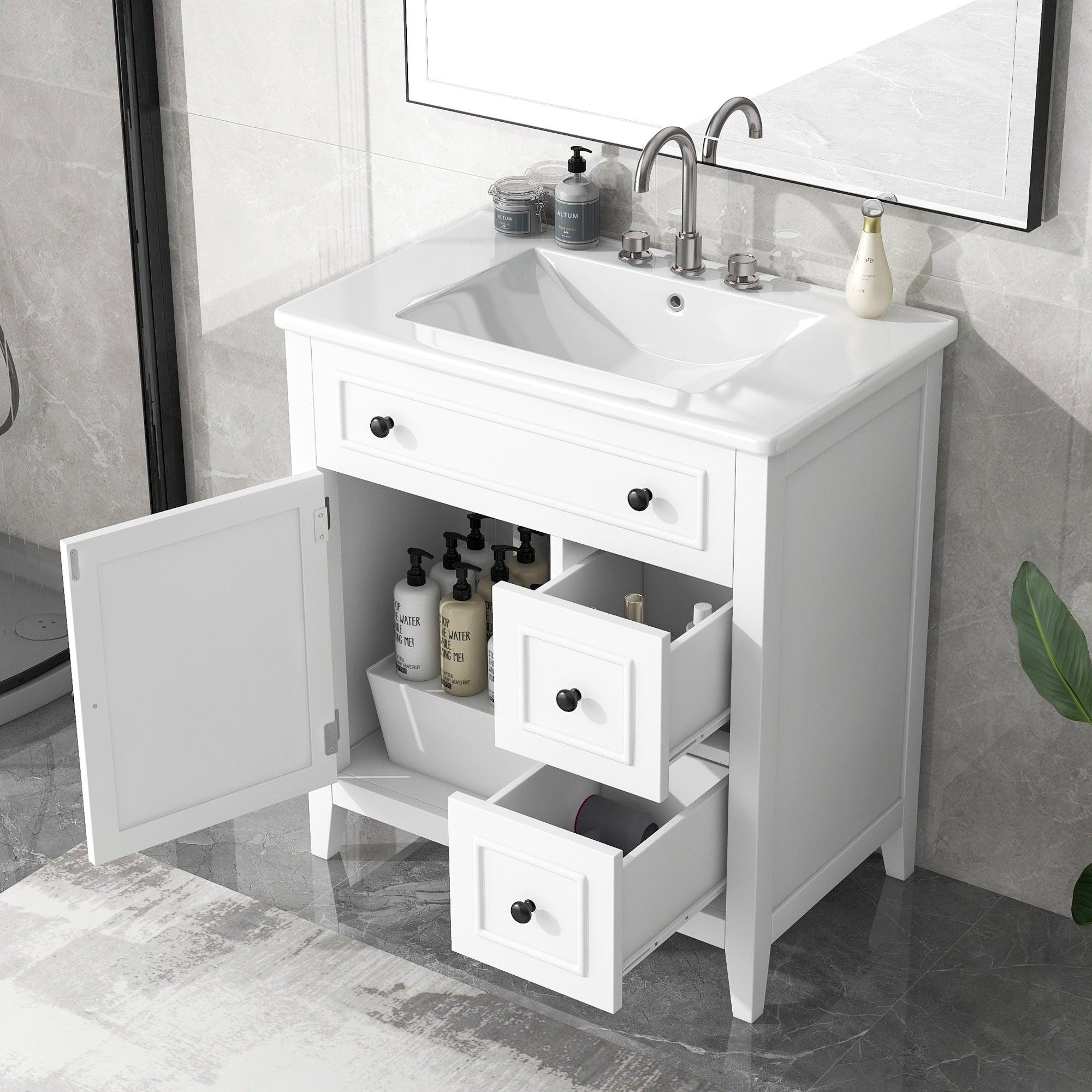 🆓🚛 30" Bathroom Vanity With Sink Top, Bathroom Vanity Cabinet With Door & Two Drawers, Solid Wood Frame, One Package, White