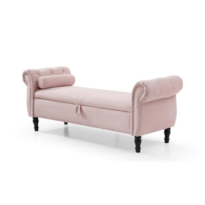 63" Velvet Multifunctional Storage Rectangular Sofa Stool Buttons Tufted Nailhead Trimmed Solid Wood Legs with 1 Pillow, Light Pink