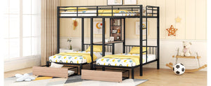 Full Over Twin & Twin Triple Bunk Bed with Drawers, Multi-functional Metal Frame Bed with desks and shelves in the middle, Black