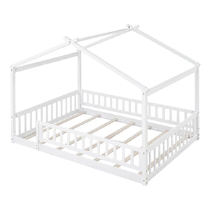 Full Size Wood Bed House Bed Frame with Fence, for Kids, Teens, Girls, Boys, White