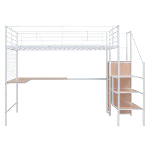 Full Size Metal Loft Bed with Desk and Metal Grid, Stylish Metal Frame Bed with Lateral Storage Ladder and Wardrobe, White