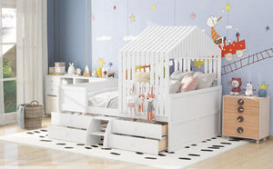 Full Size House Low Loft Bed with Four Drawers, White