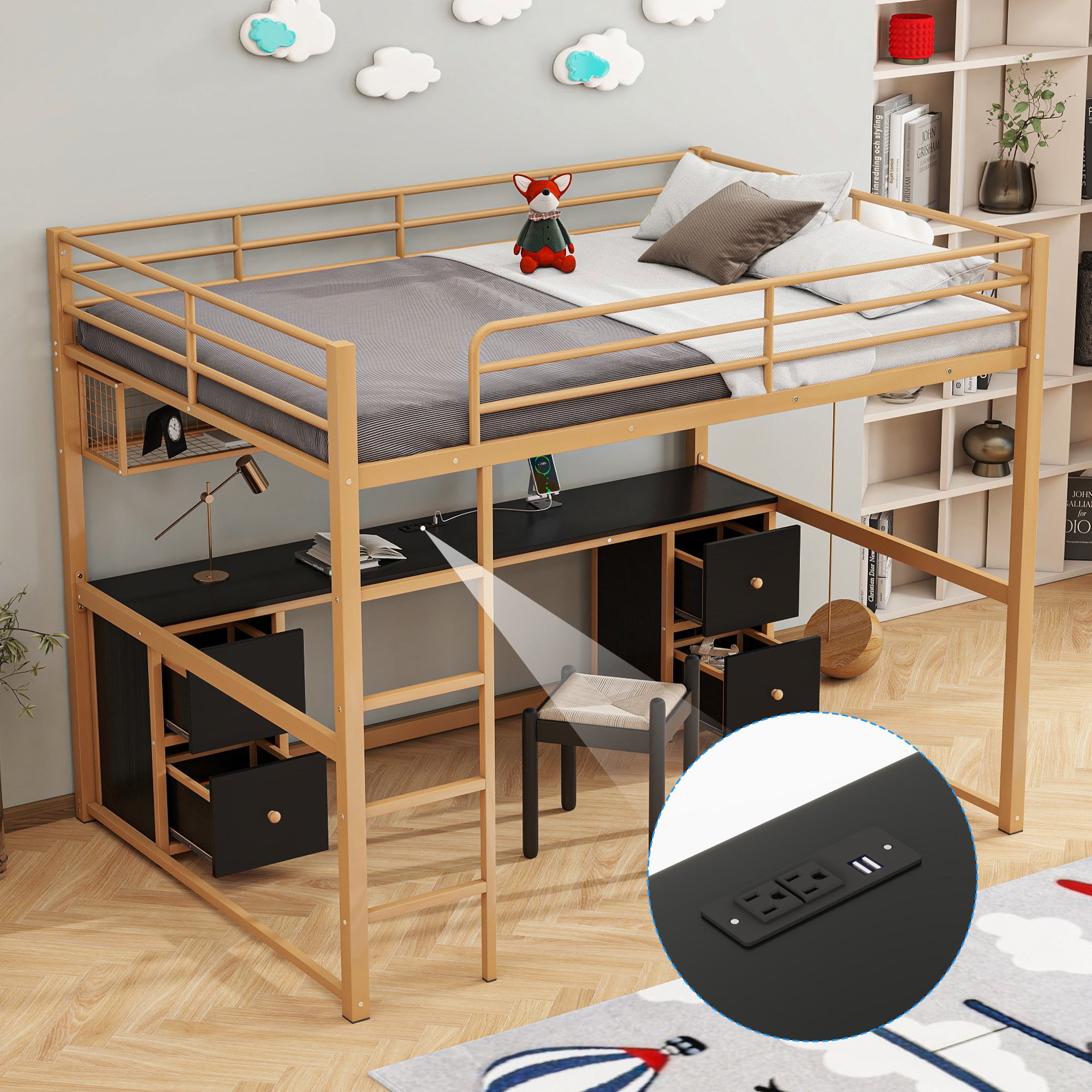 🆓🚛 Full Size Metal Loft Bed With Desk, Drawers and Bedside Tray, Charging Station, USB and Socket, Gold & Black
