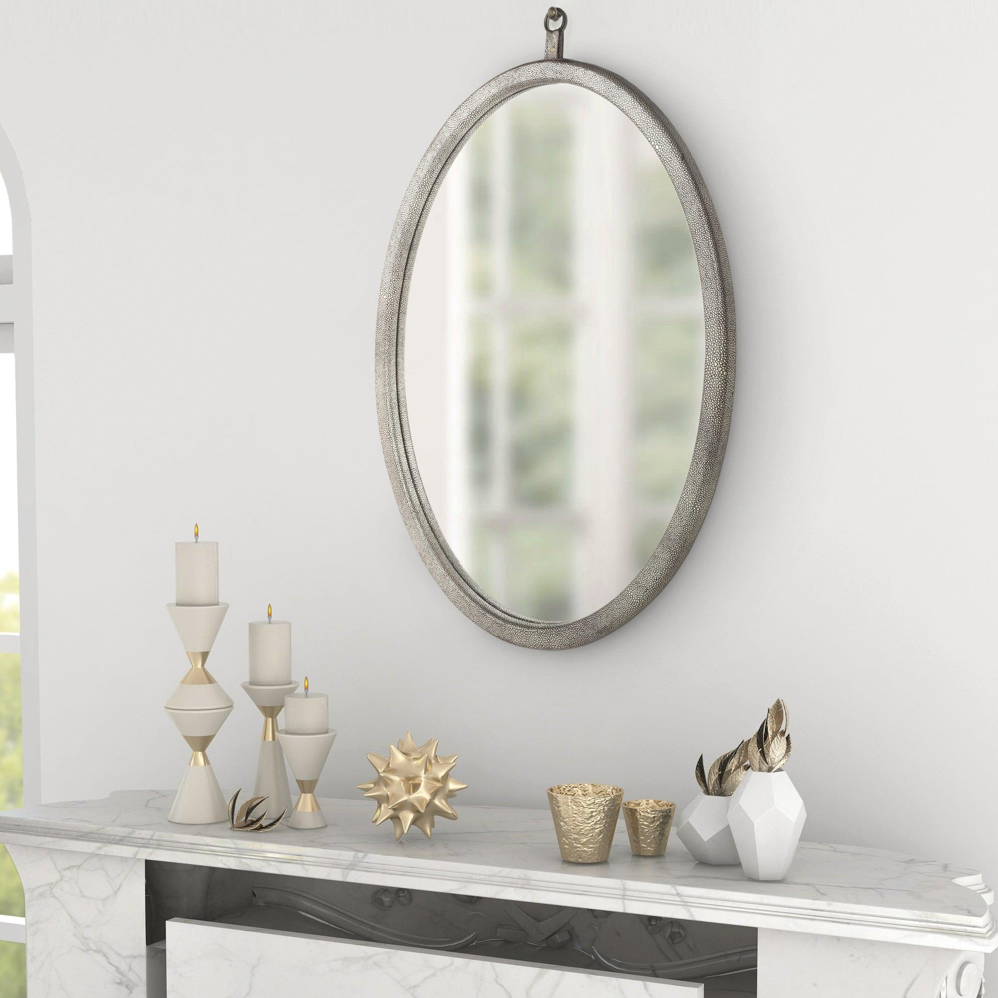 🆓🚛 Oval Pewter Decorative Wall Hanging Mirror, Pu Covered Mdf Framed Mirror for Bedroom Living Room Vanity Entryway Wall Decor, 23.62X29.92"