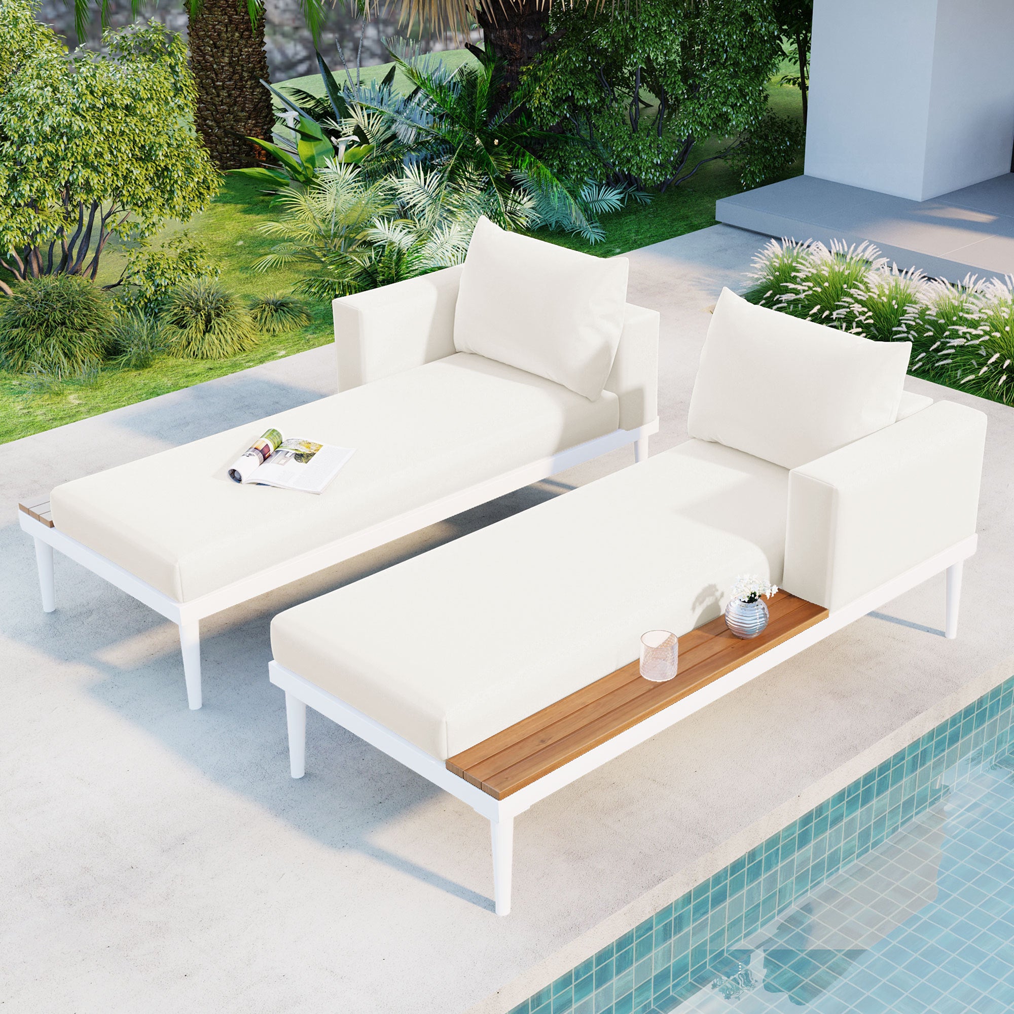 🆓🚛 Modern Outdoor Daybed Patio Metal Daybed With Wood Topped Side Spaces for Drinks, 2 In 1 Padded Chaise Lounges for Poolside, Balcony, Deck, Beige