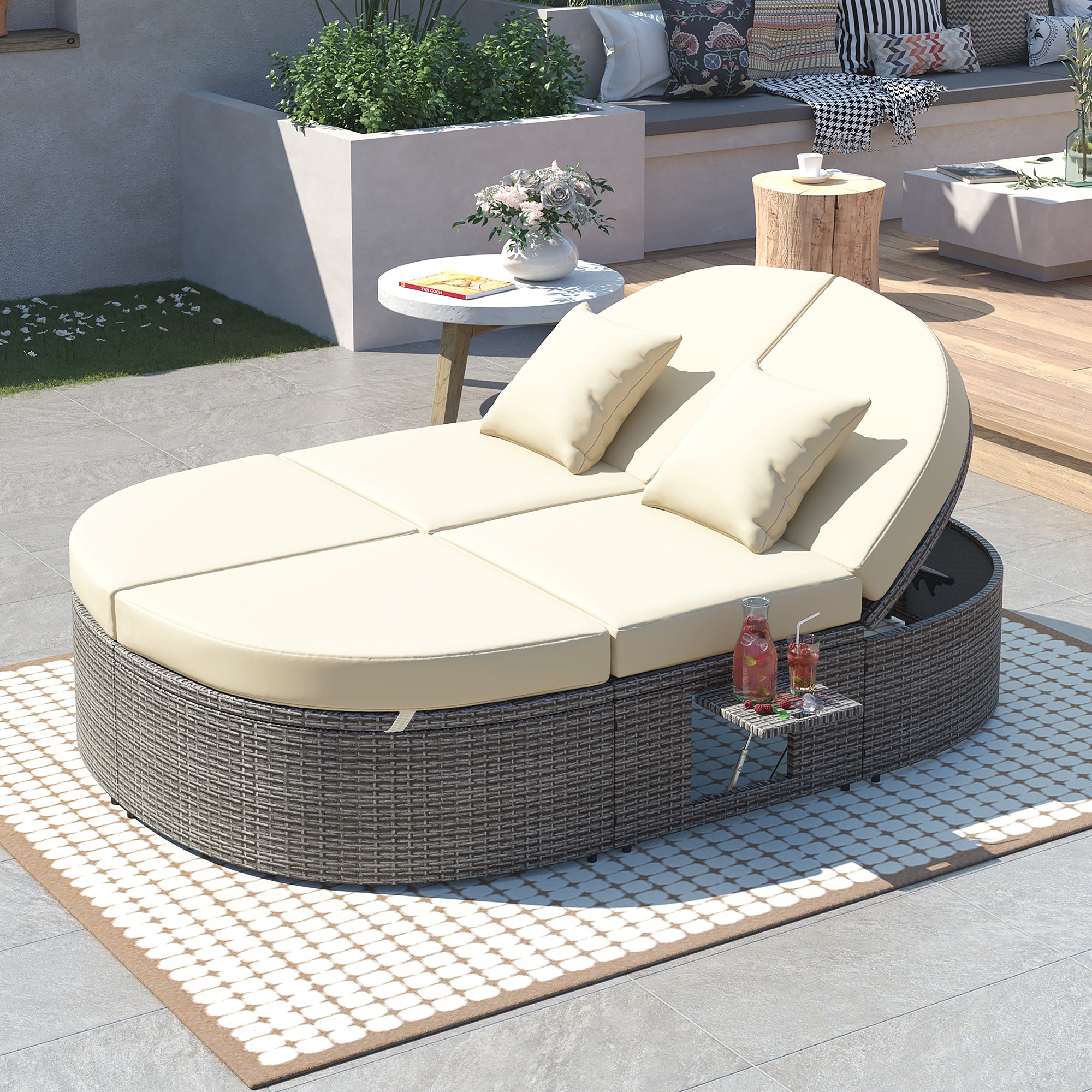 🆓🚛 Outdoor Sun Bed Patio 2-Person Daybed With Cushions and Pillows, Rattan Garden Reclining Chaise Lounge With Adjustable Backrests and Foldable Cup Trays for Lawn, Poolside, Beige