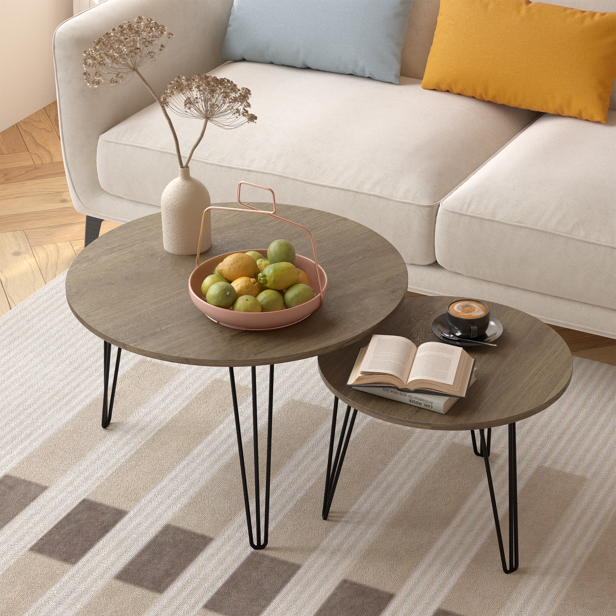 27.56'' Round Nesting Coffee Table Set of 2, Circular Nesting End Table Set, Round Wooden Tabletop, and Sturdy Metal Base for Living Room, Bedroom, Brown