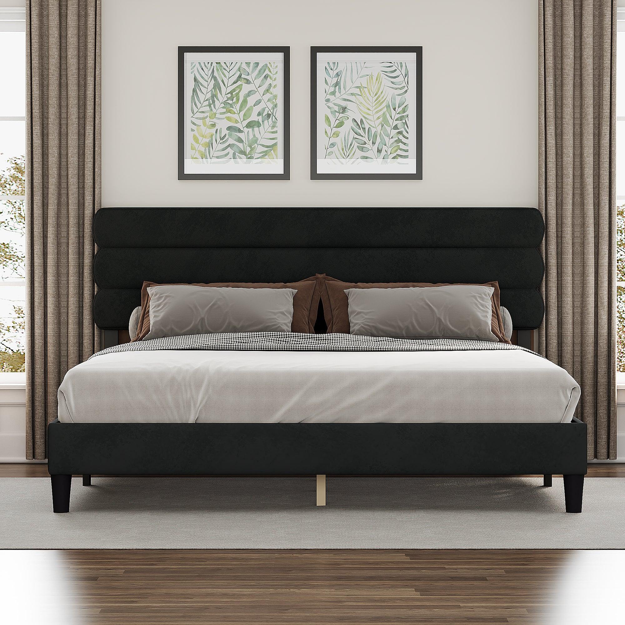 🆓🚛 King Bed Frame With Headboard, Sturdy Platform Bed With Wooden Slats Support, Dark Gray