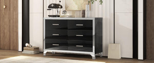 Elegant High Gloss Dresser with Metal Handle, Mirrored Storage Cabinet with 6 Drawers for Bedroom, Living Room, Black