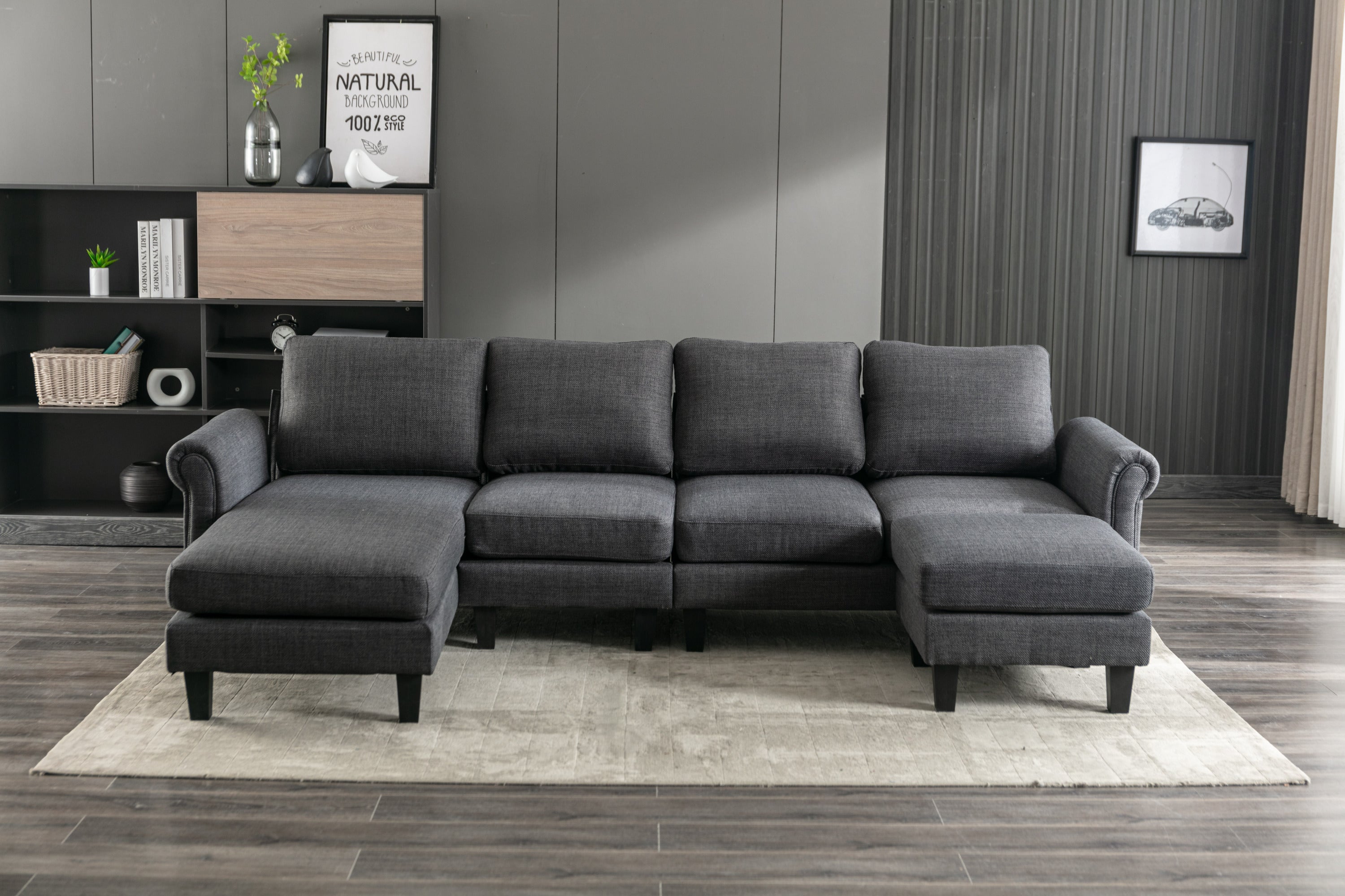 🆓🚛 108" L-Shaped 4-Seater Sectional Sofa Couch With Ottoman, Charcoal Grey