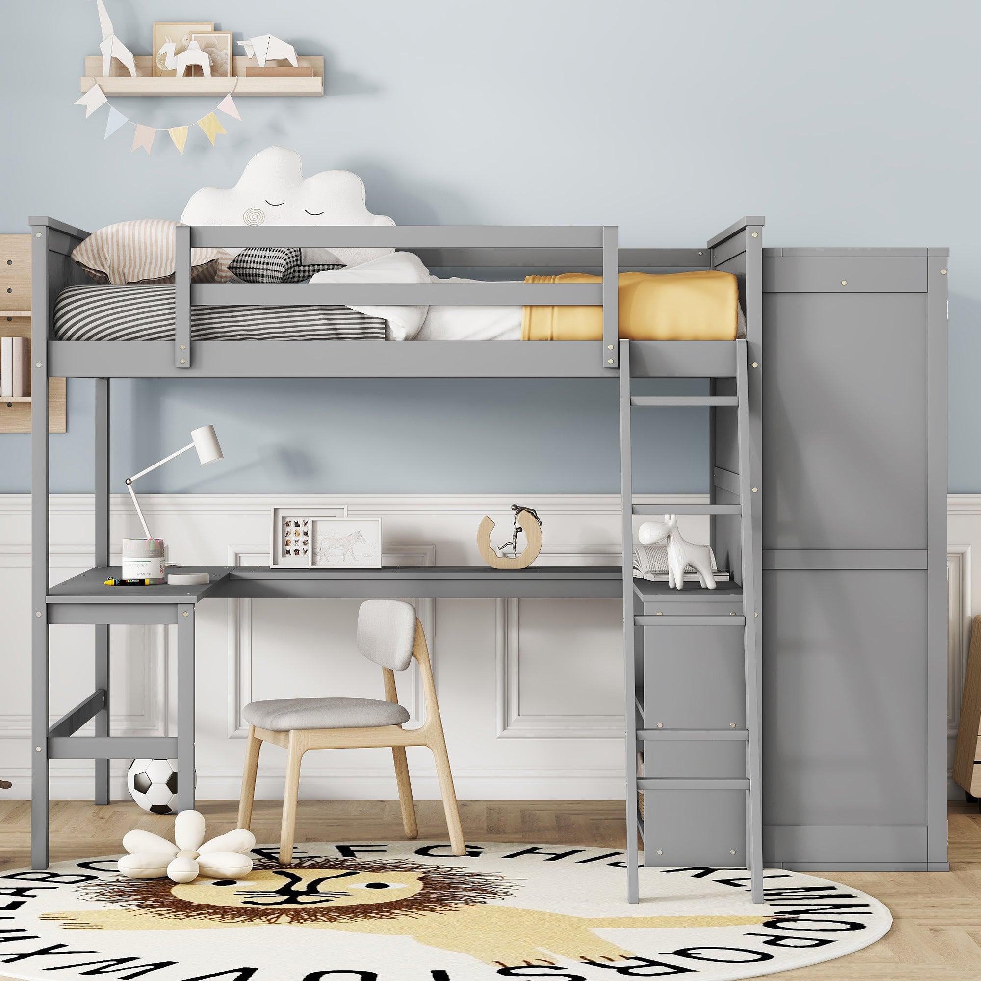 🆓🚛 Full Size Loft Bed With Desk, Shelves & Wardrobe-Gray