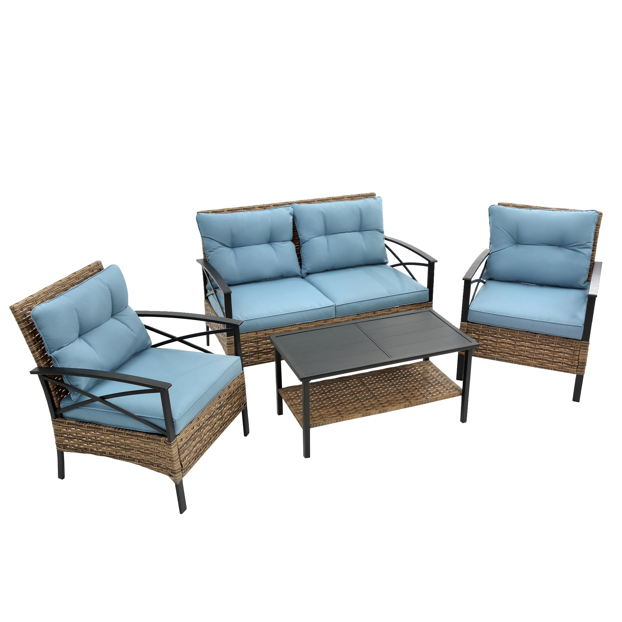 🆓🚛 Patio 4 Piece Sectional Low Dining Conversation Sofa Set, Kd Rattan Wicker Outdoor Garden Furniture Corner Sofa Set With Blue Cushion