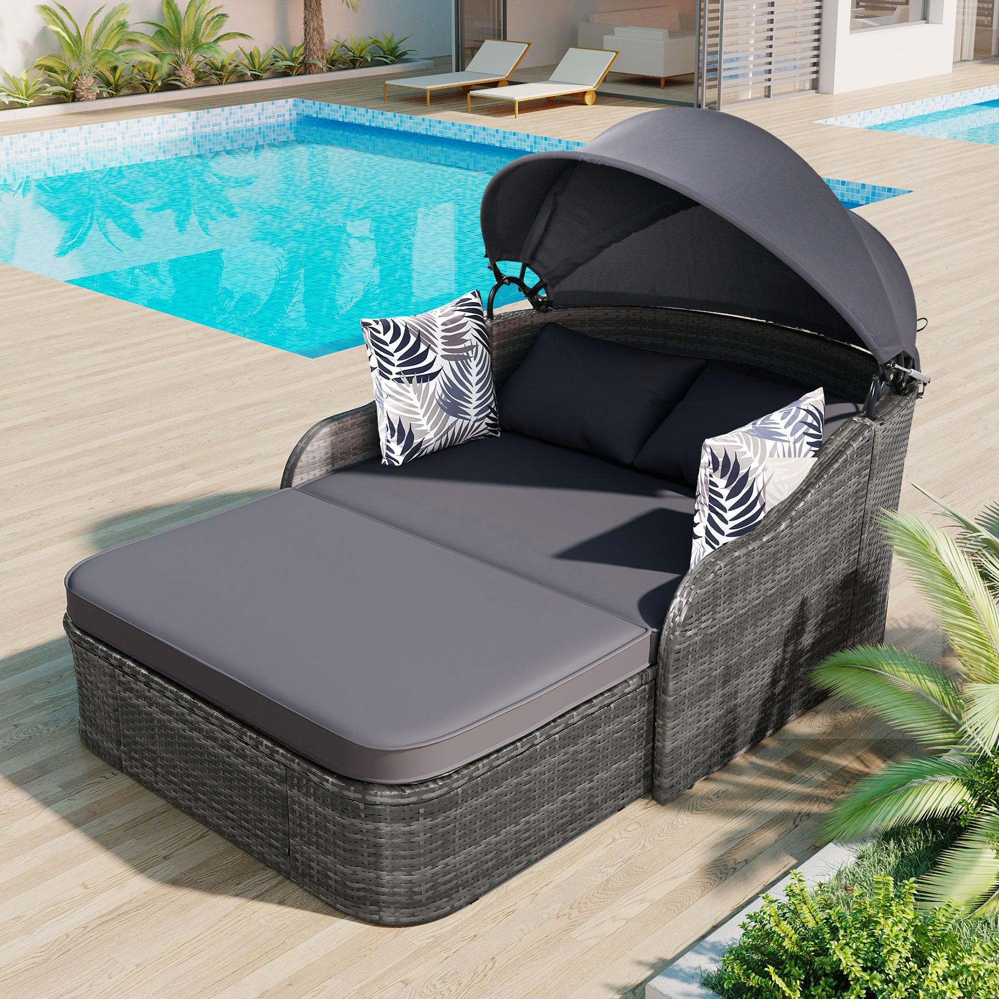 🆓🚛 79.9" Outdoor Sunbed with Adjustable Canopy, Double lounge, PE Rattan Daybed, Gray Wicker And Cushion