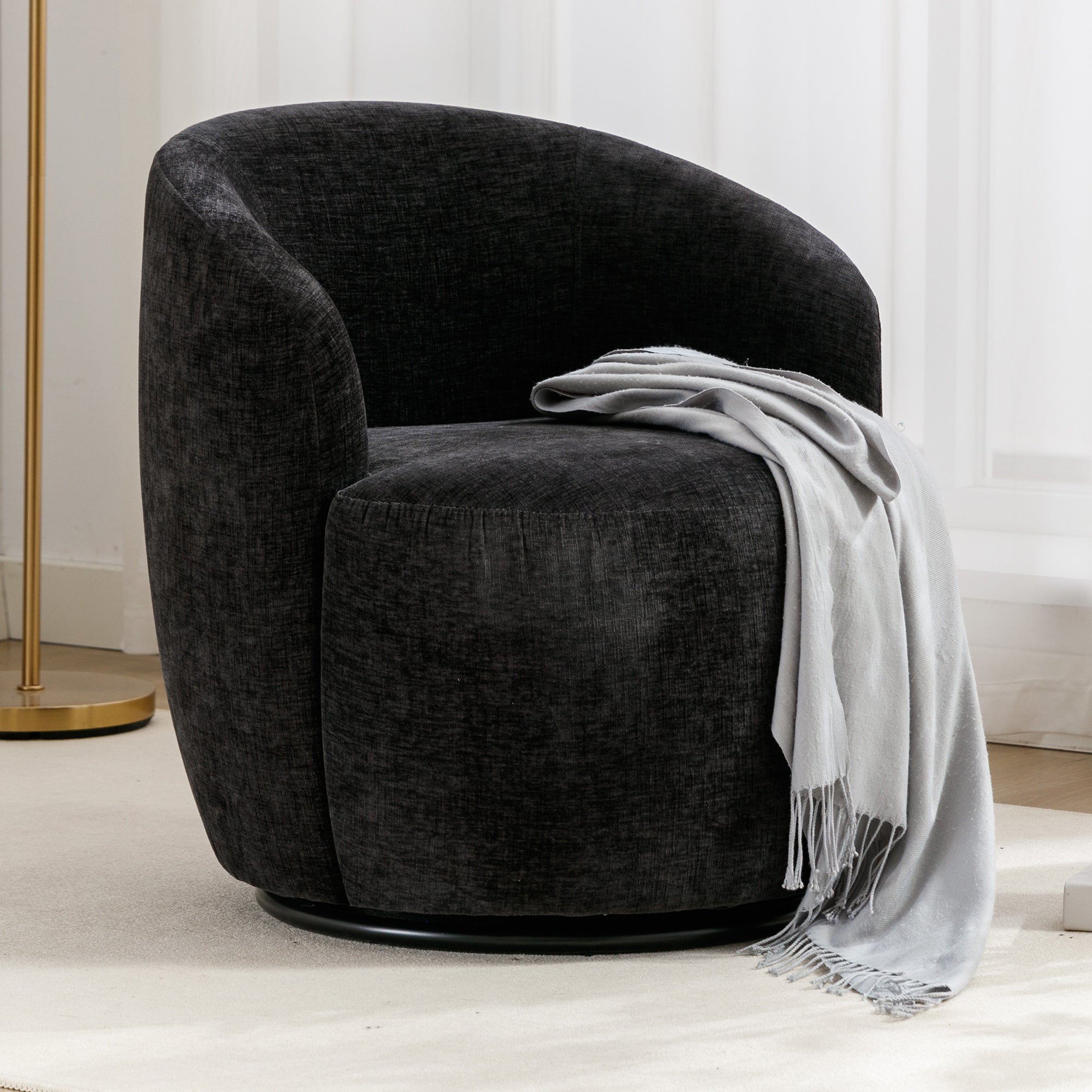 🆓🚛 Chenille Fabric Swivel Accent Armchair Barrel Chair With Black Powder Coating Metal Ring, Black