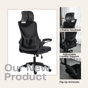 Ergonomic Office Desk Chair with wheels High Back Computer Task Chair Home Mesh Swivel Desk Chair with Adjustable Back Height & Flip up Arms & Lumbar Support & Headrest for Home/Study/Working(Black)