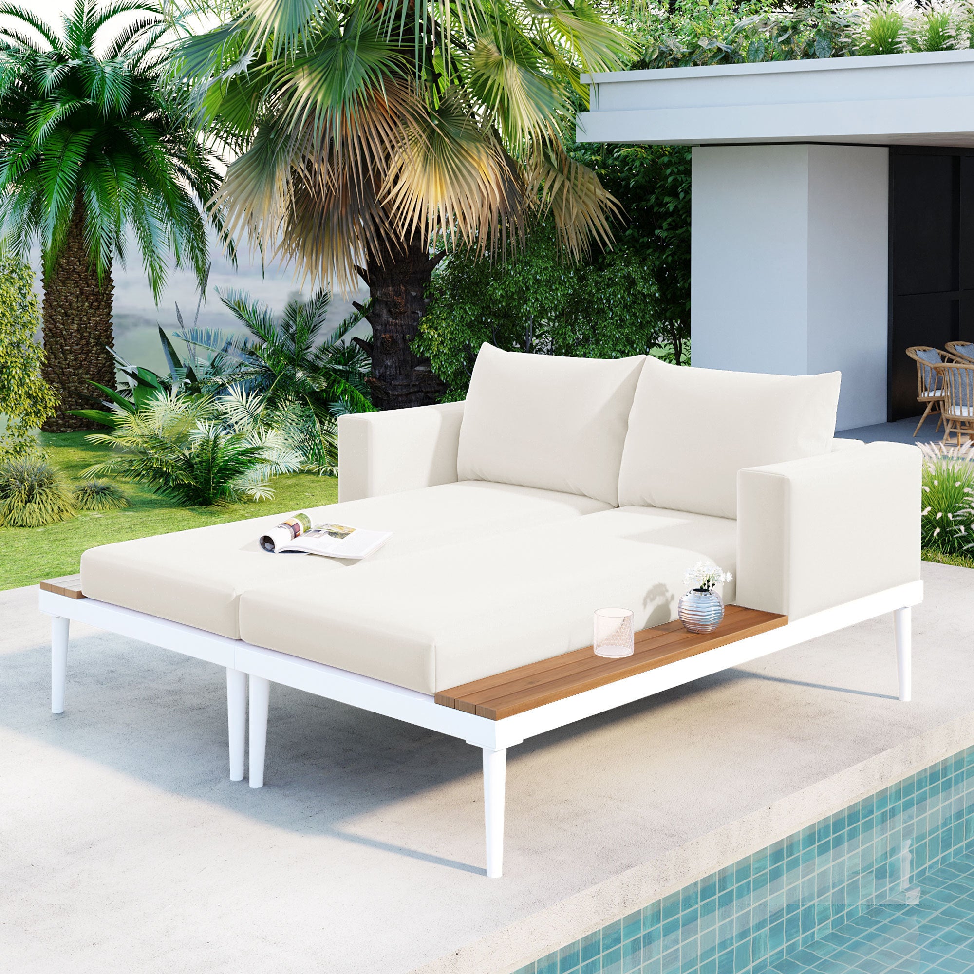 🆓🚛 Modern Outdoor Daybed Patio Metal Daybed With Wood Topped Side Spaces for Drinks, 2 In 1 Padded Chaise Lounges for Poolside, Balcony, Deck, Beige