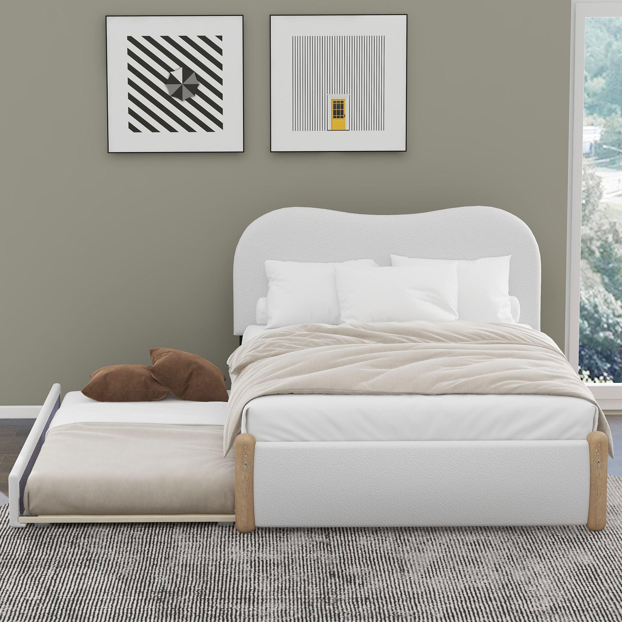 🆓🚛 Full Size Upholstered Platform Bed With Wood Supporting Feet & Twin Size Trundle, White