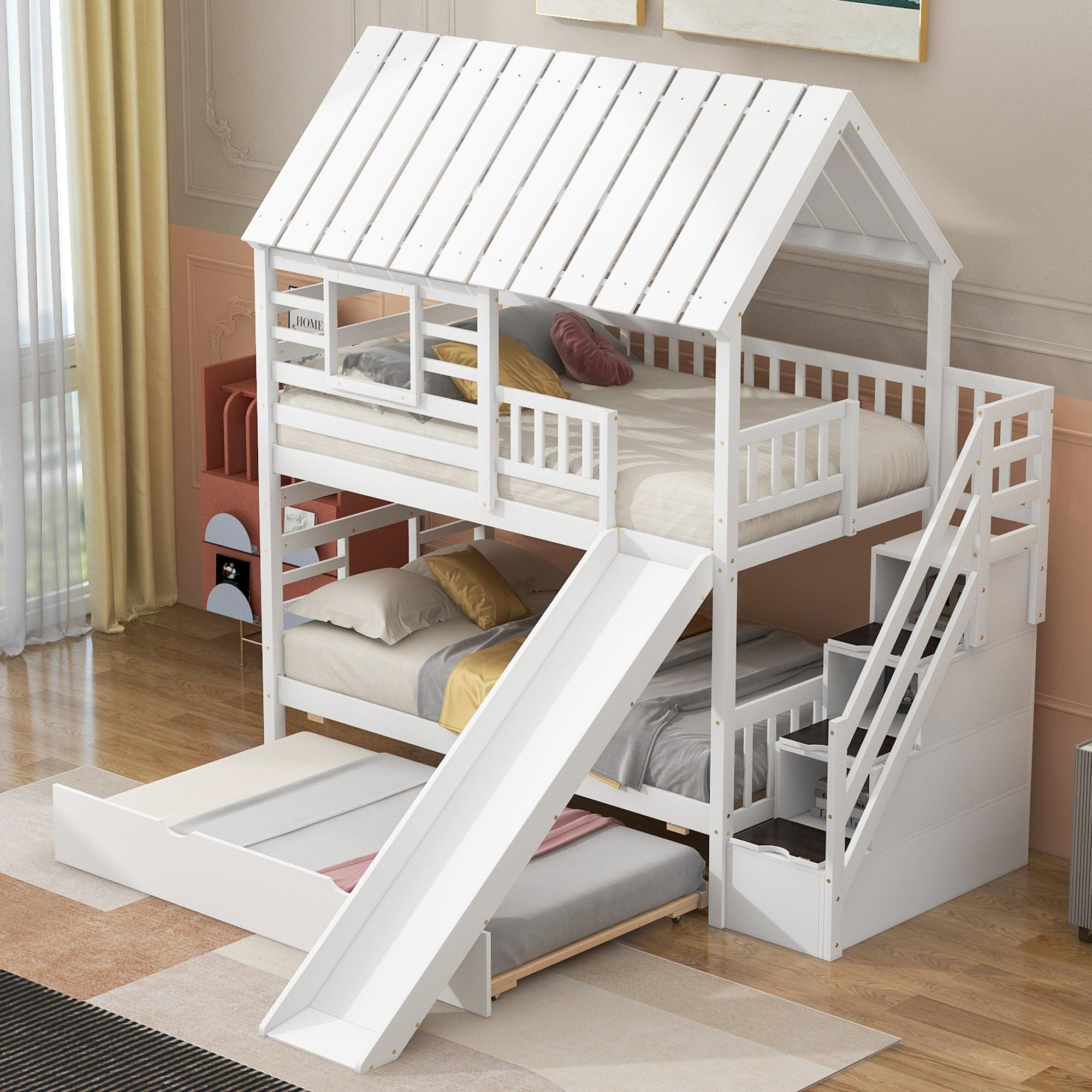 🆓🚛 Twin Over Twin House Bunk Bed With Trundle & Slide, Storage Staircase, Roof & Window Design, White