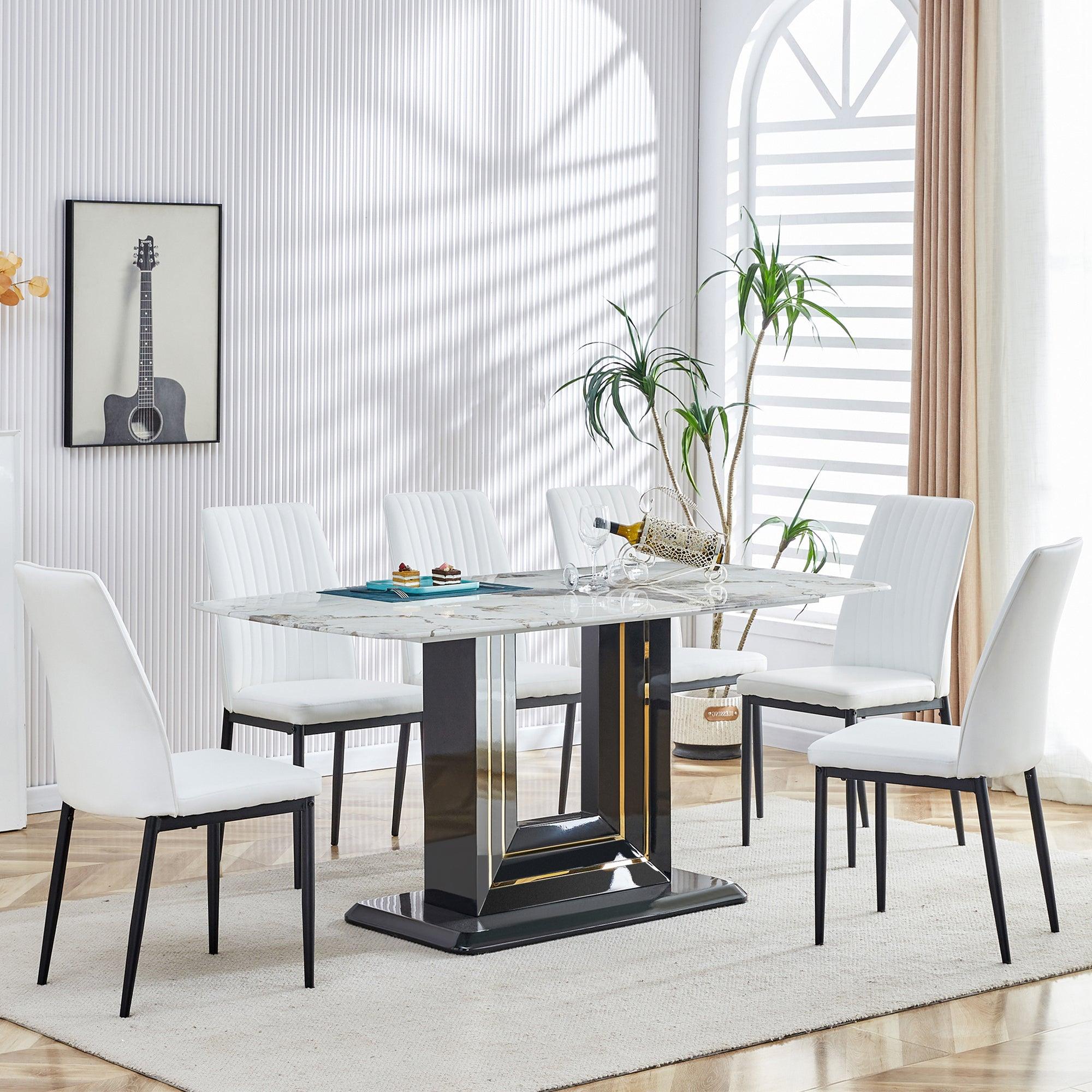 🆓🚛 7-Piece Dining Set, Modern Faux Marble White Glass Rectangular Dining Room Table With Mdf Base, 6 White Dining Chairs