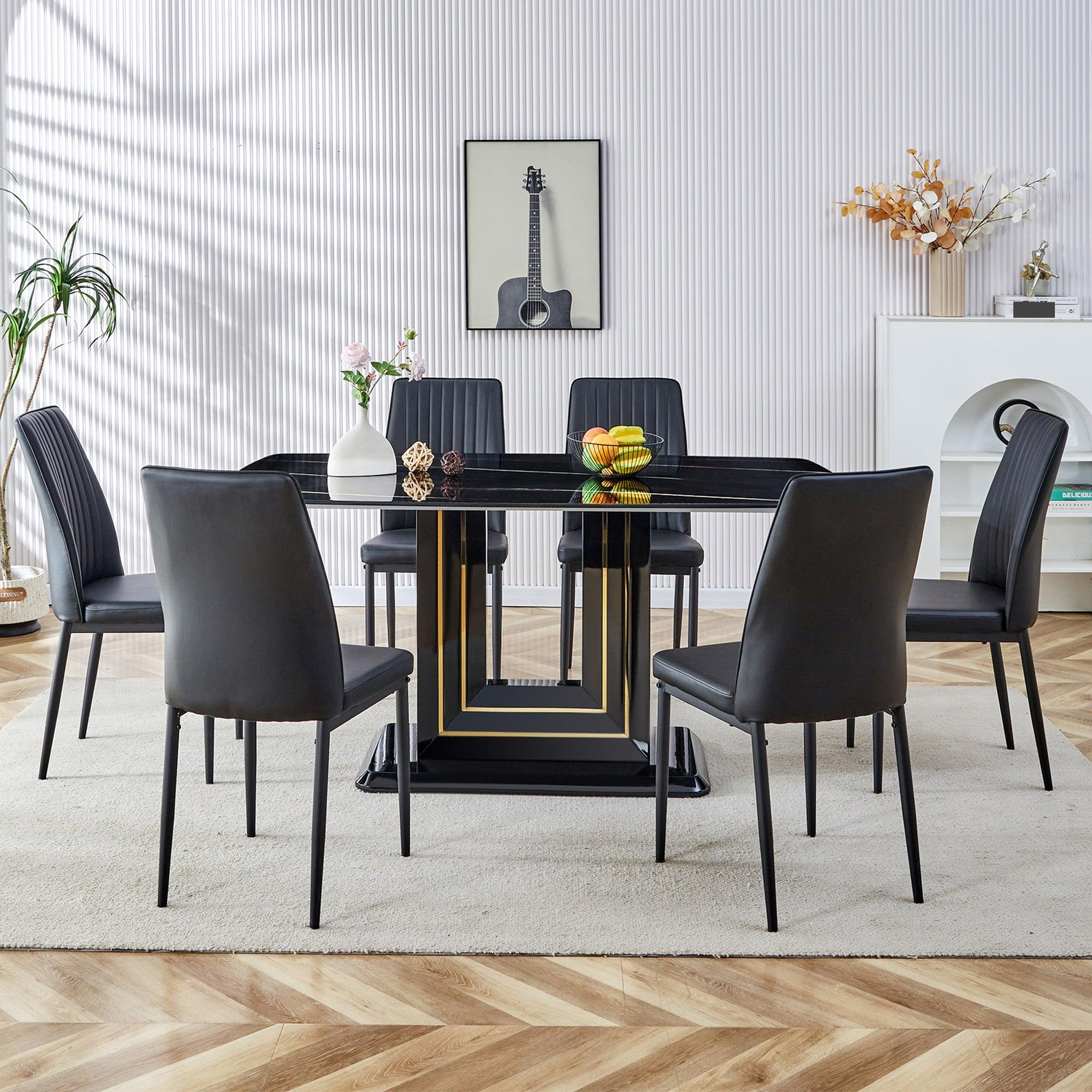 🆓🚛 7-Piece Dining Set, Modern Faux Marble Black Glass Rectangular Dining Room Table With Mdf Base, 6 Black Dining Chairs