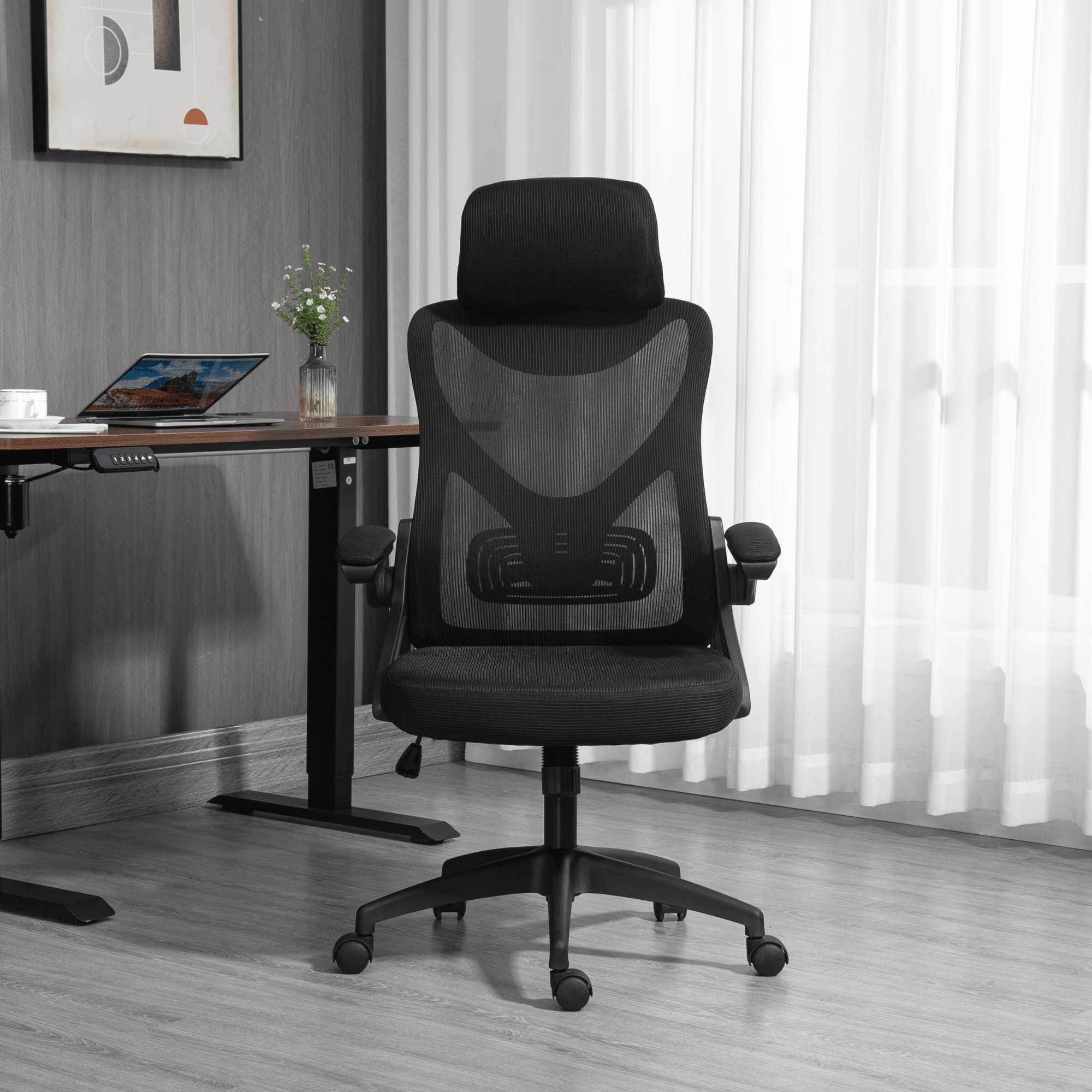 Ergonomic Office Desk Chair with wheels High Back Computer Task Chair Home Mesh Swivel Desk Chair with Adjustable Back Height & Flip up Arms & Lumbar Support & Headrest for Home/Study/Working(Black)