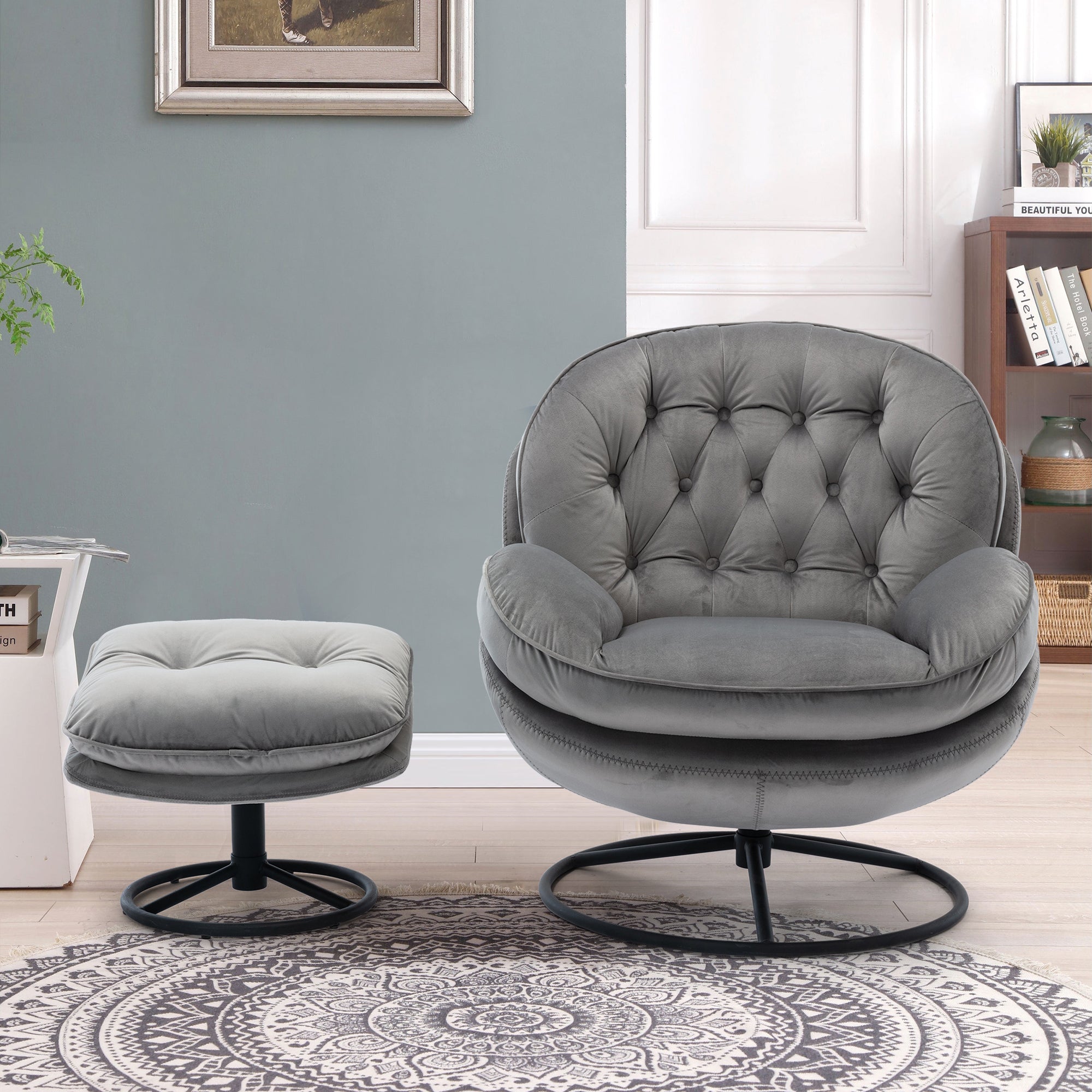 🆓🚛 Accent Chair TV Chair Living Room Chair With Ottoman, Gray