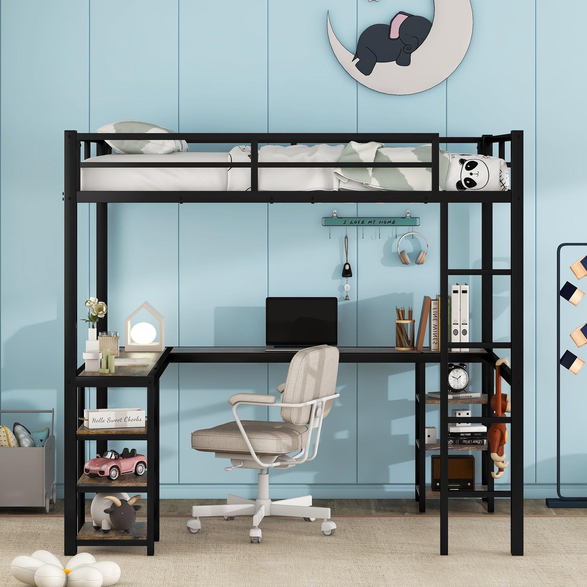 🆓🚛 Full Metal Loft Bed With Desk & Shelves, Loft Bed With Ladder & Guardrails, Loft Bed Frame for Bedroom, Black