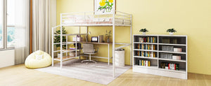 Full Size Metal Loft Bed with Desk and Lateral Storage Ladder, White