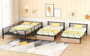 Full Over Twin & Twin Triple Bunk Bed with Drawers, Multi-functional Metal Frame Bed with desks and shelves in the middle, Black