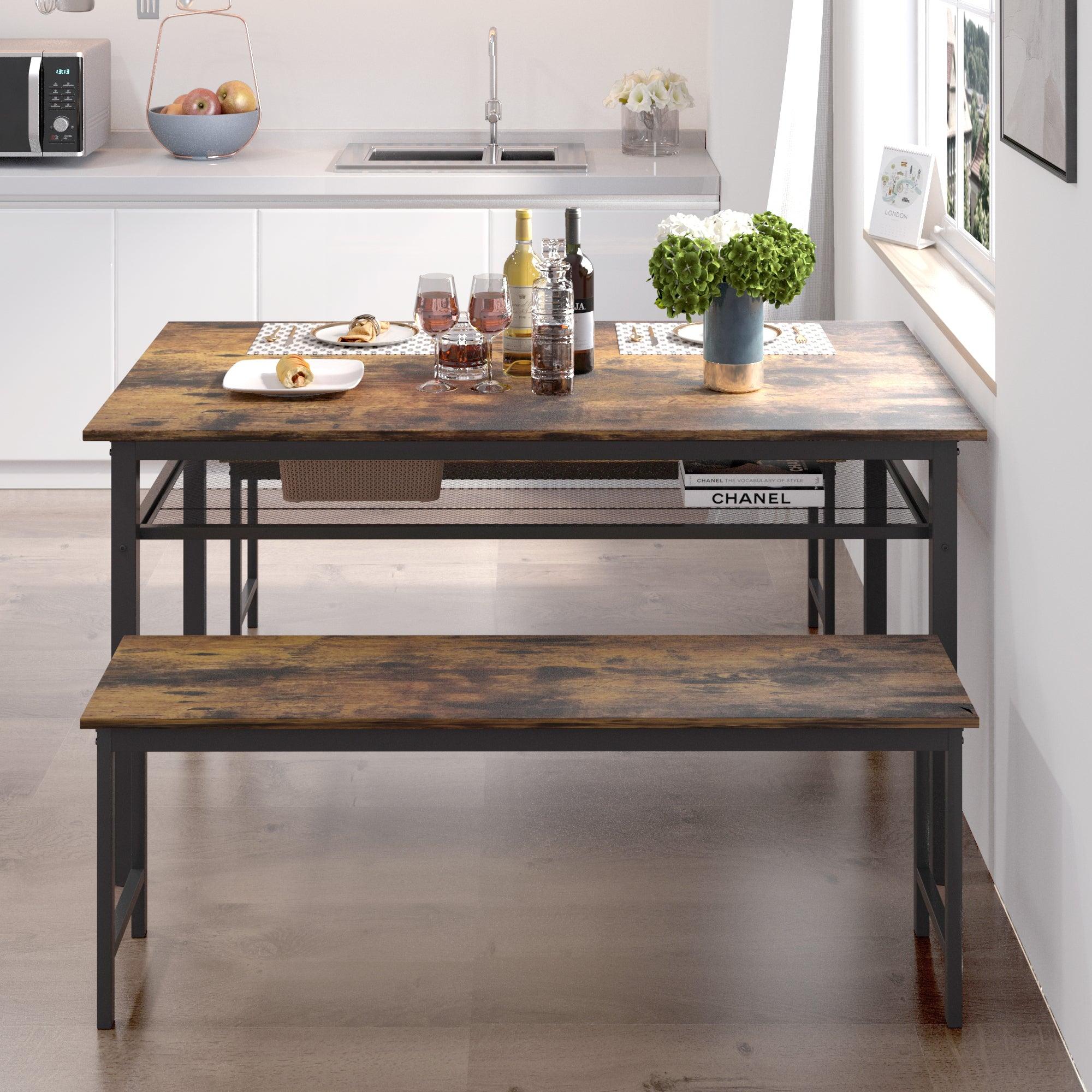 🆓🚛 3 Pieces Farmhouse Kitchen Table Set With Two Benches, Metal Frame and Mdf Board