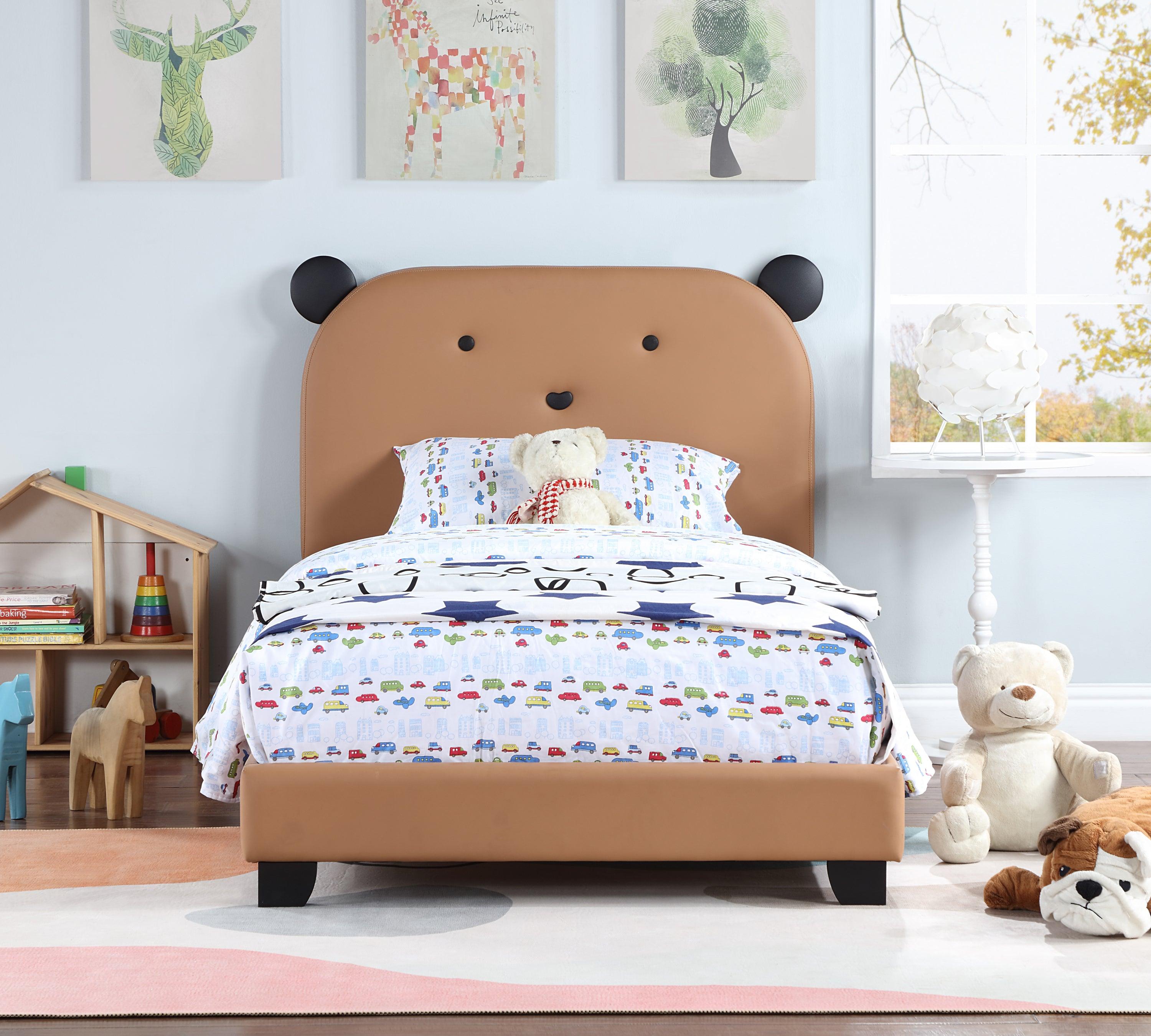 🆓🚛 Upholstered Twin Size Platform Bed for Kids, With Slatted Bed Base, No Box Spring Needed, Brown Color, Bear Design