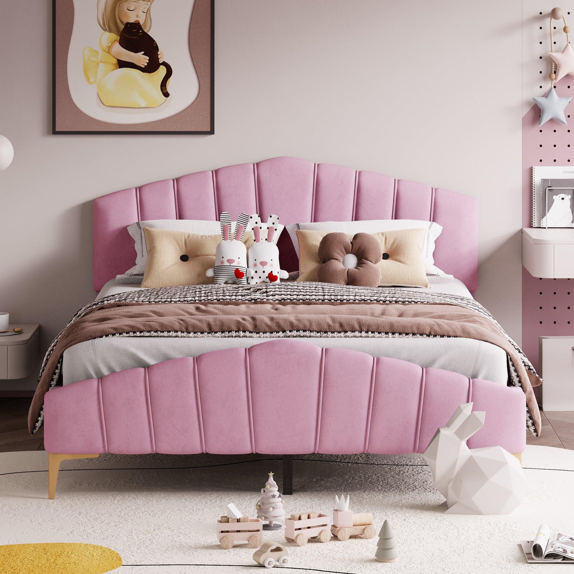 🆓🚛 Queen Size Velvet Platform Bed With Thick Fabric, Stylish Stripe Decorated Bedboard & Elegant Metal Bed Leg, Pink